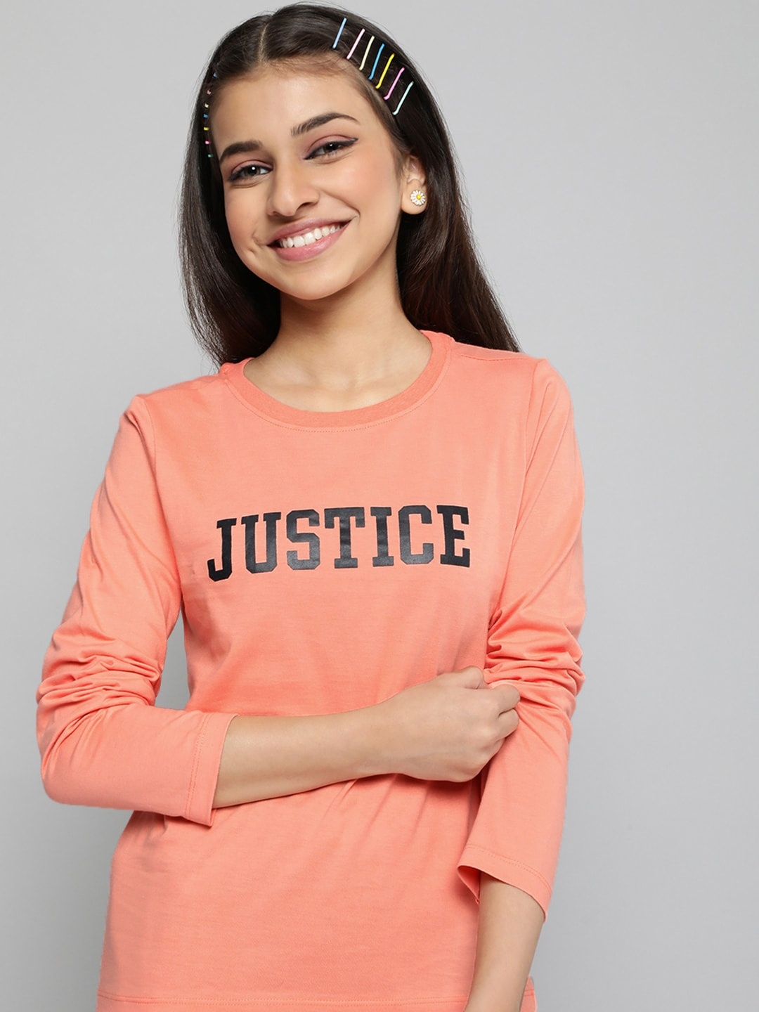 

JUSTICE Girls Peach-Coloured Printed Pure Cotton T-shirt