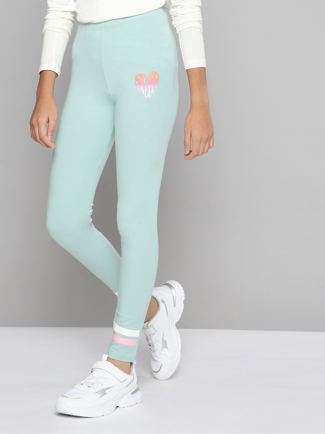 

JUSTICE Girls Mint Green Brand Logo Printed Fitted Leggings