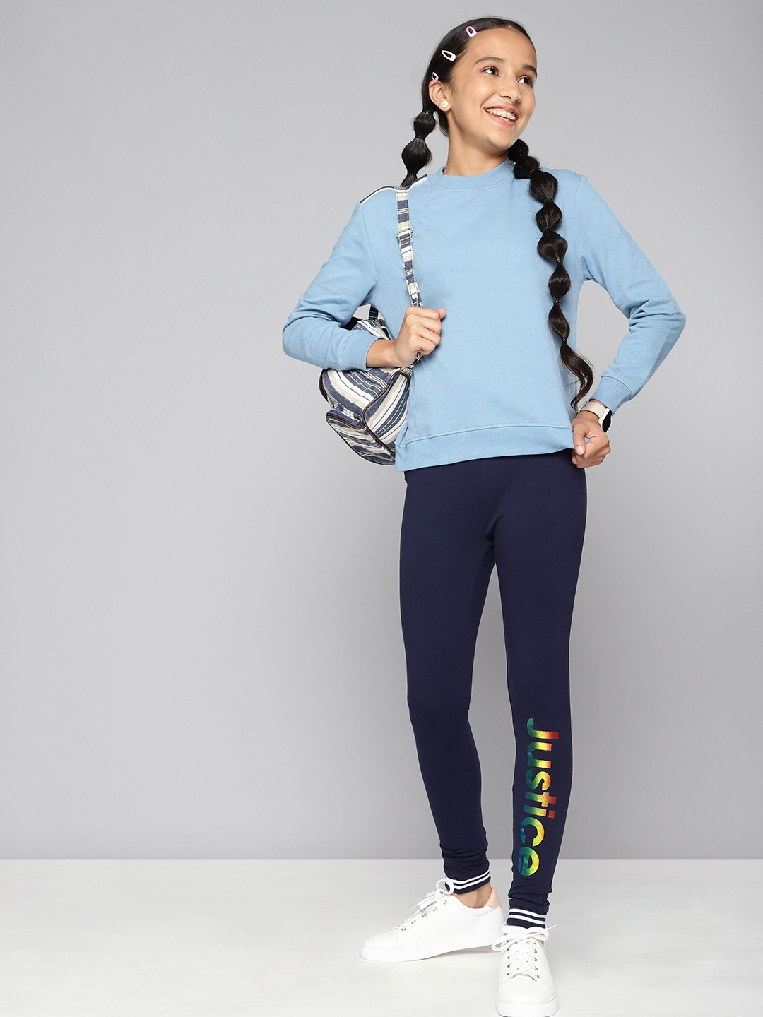 

JUSTICE Girls Navy Blue & Orange Holographic Typography Print Leggings