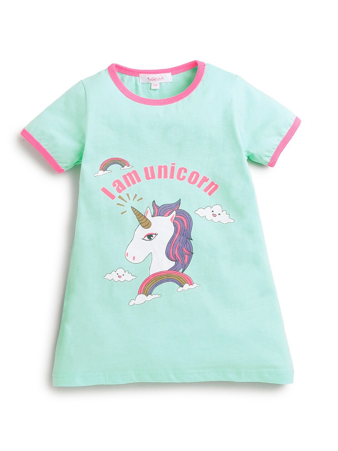 

Hopscotch Girls Cotton Sea Green Unicorn Printed Nightdress