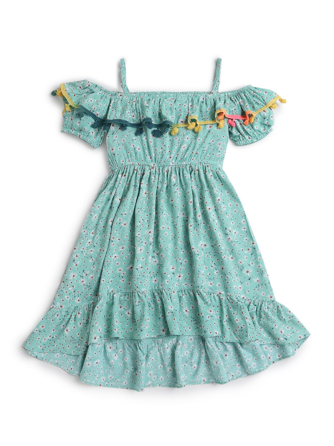 

Hopscotch Girls Sea Green & Off White Floral Pom-Pom Cold Shoulder Dress