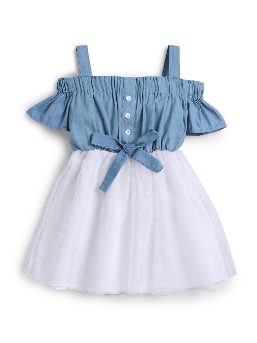 

Hopscotch Girls Cotton Blue & White Cold Shoulder Fit & Flare Dress