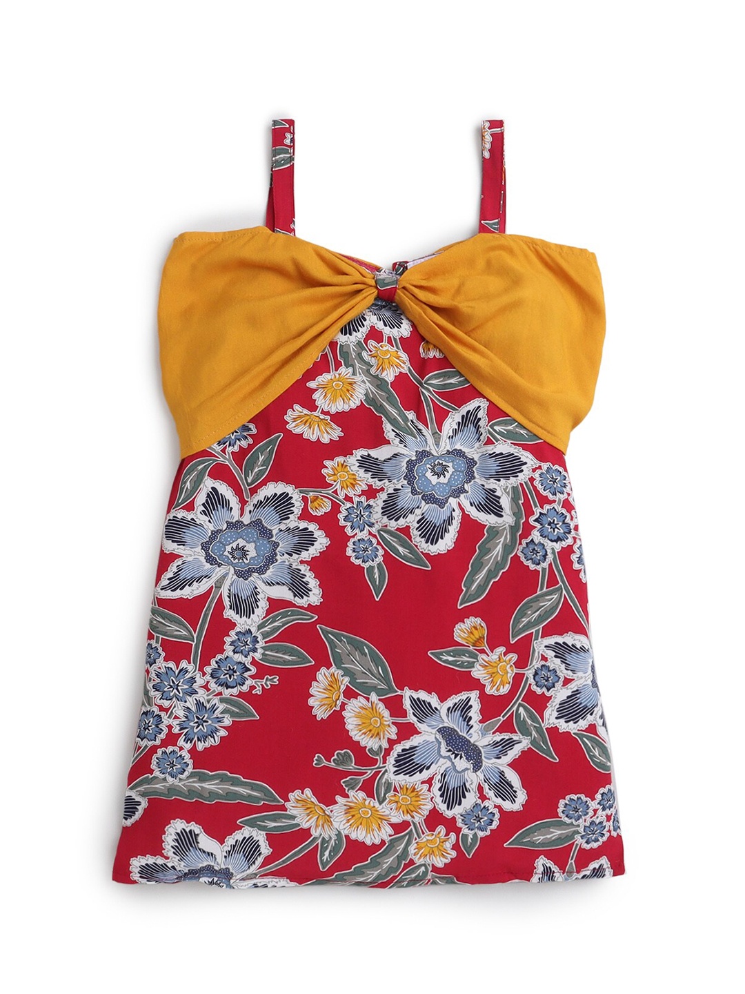 

Hopscotch Girls Cotton Red & Yellow Bow Floral A-Line Dress