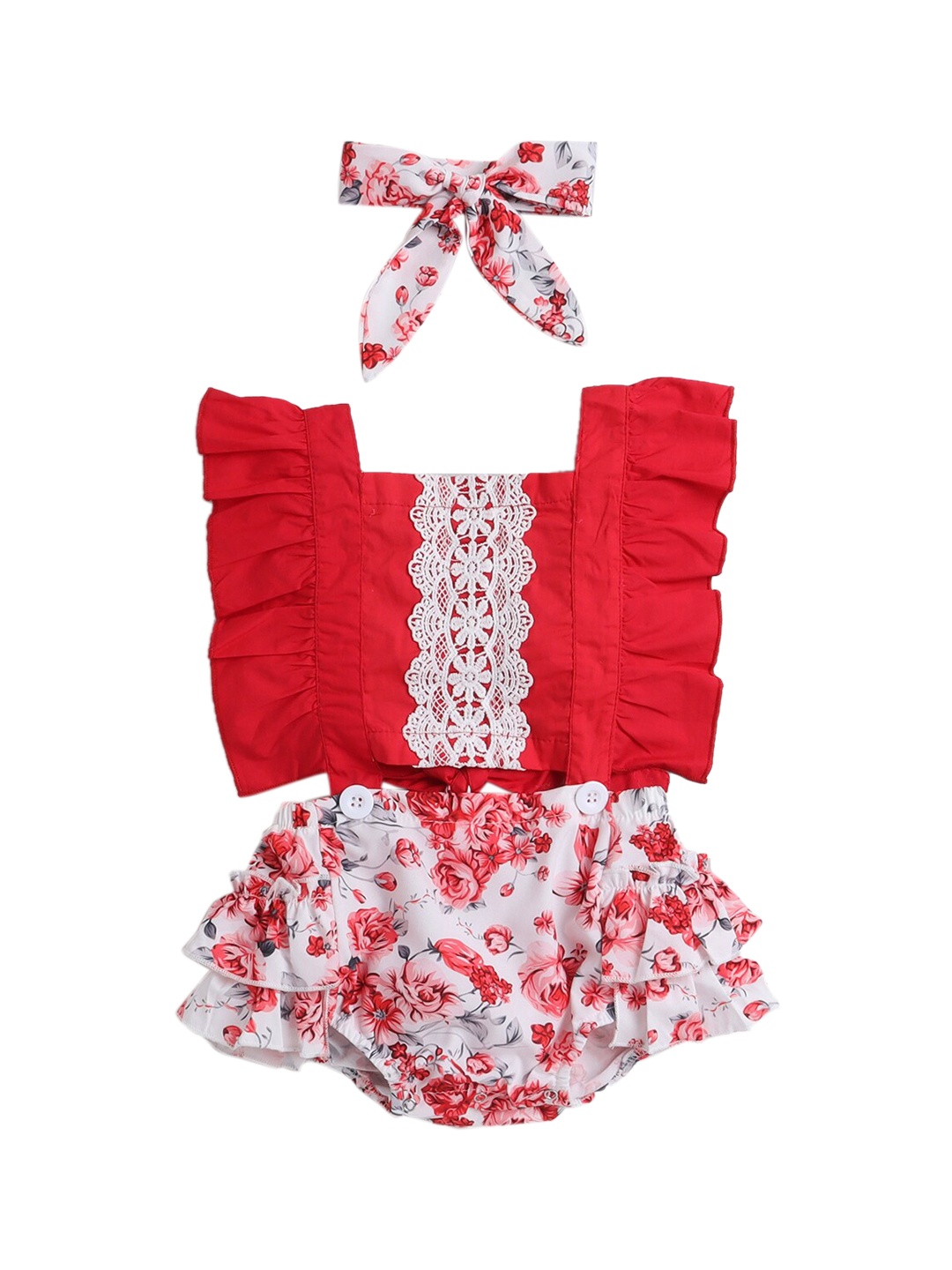 

Hopscotch Red Floral Printed Bodysuit With Headband
