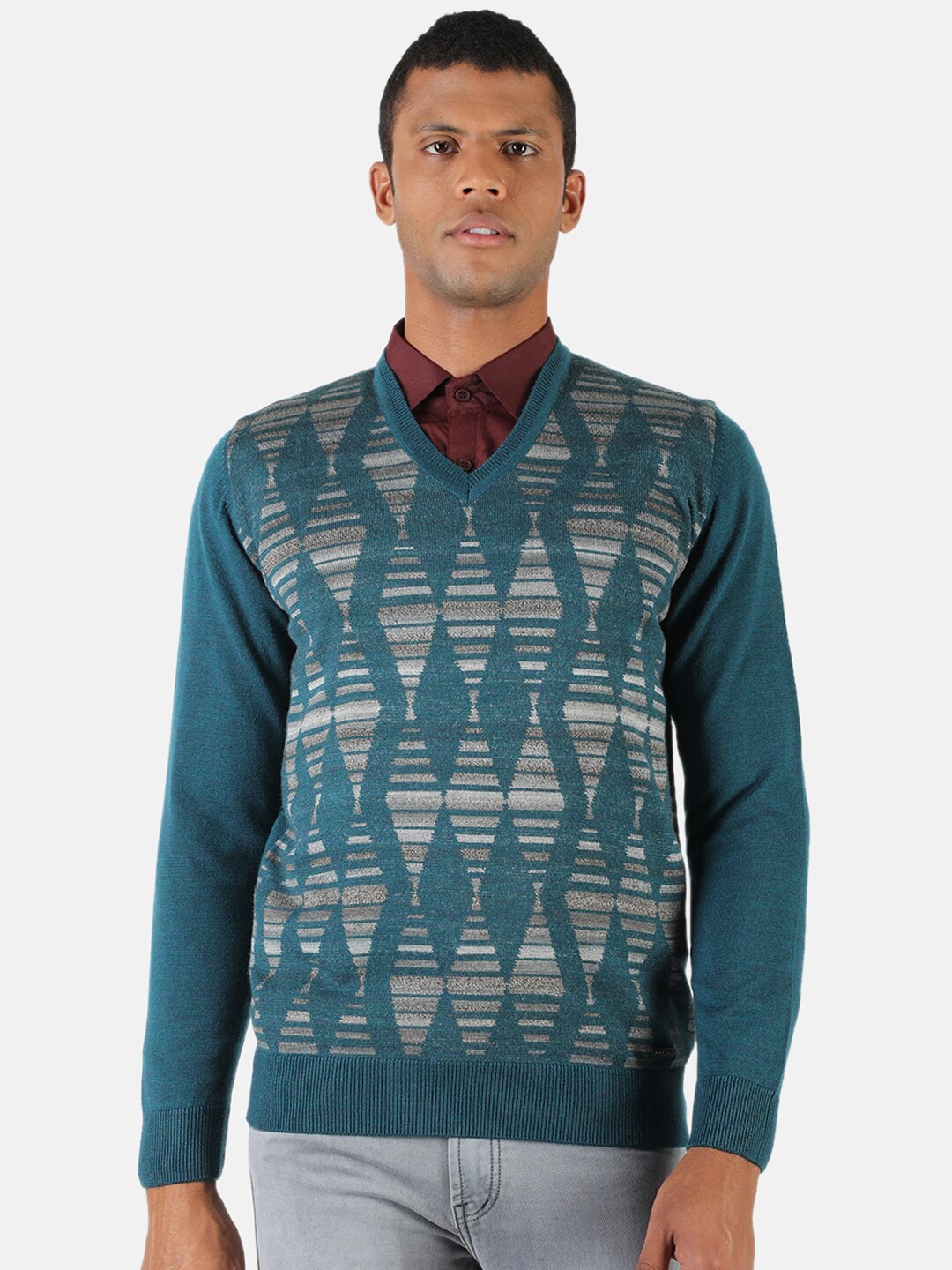 

Monte Carlo Men Green & Grey Printed Wool Pullover