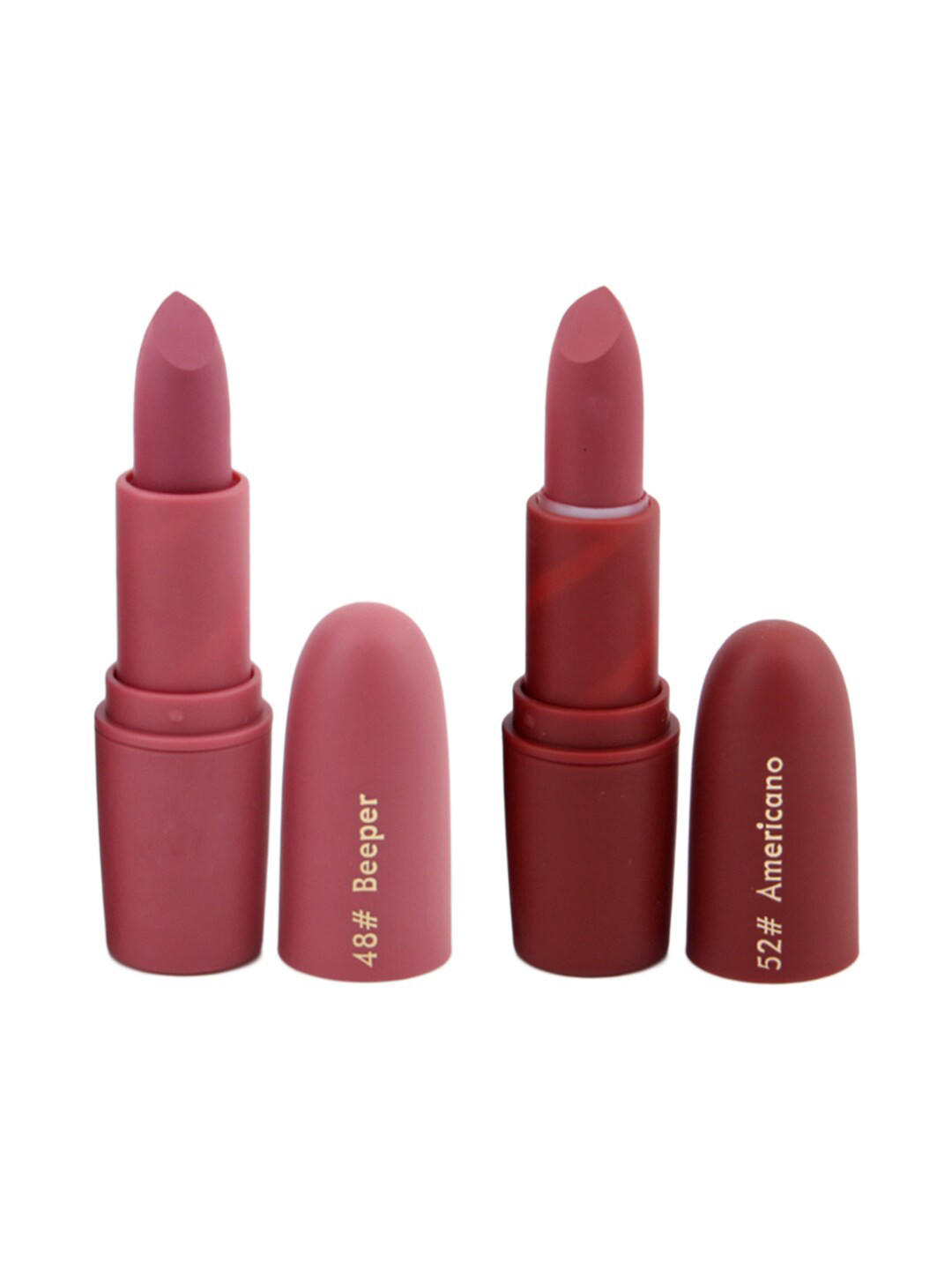 

MISS ROSE Professional Make-Up Set of 2 Matte Creamy Lipsticks - Beeper 48 & Americano 52, Peach