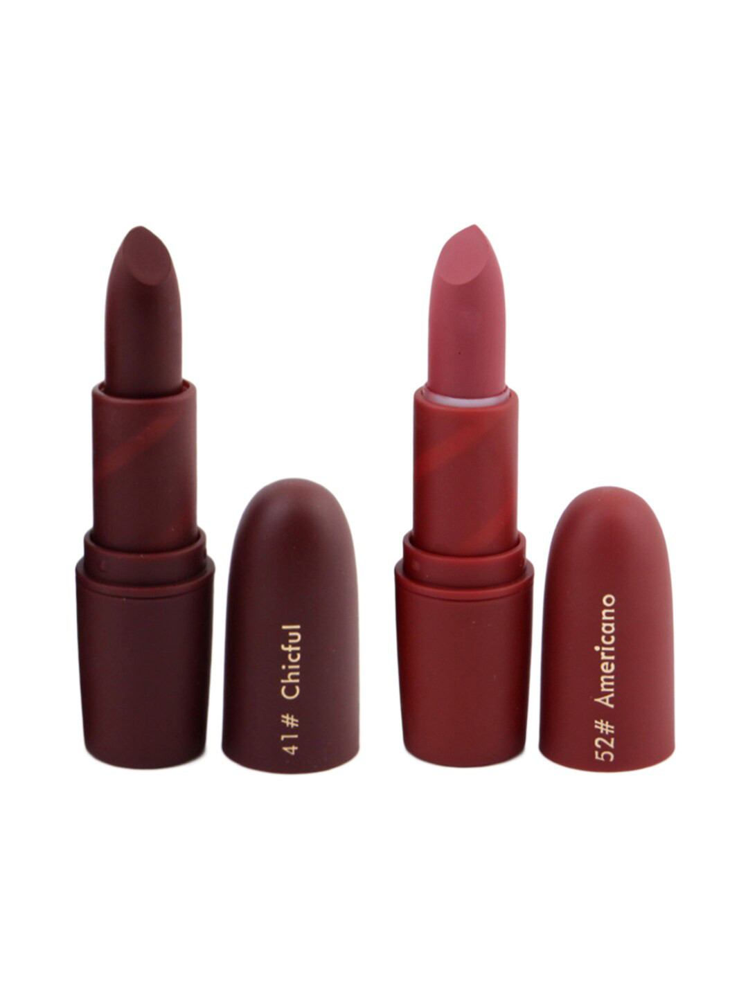 

MISS ROSE Professional Make-Up Set of 2 Matte Creamy Lipsticks - Chicful 41 & Americano 52, Burgundy