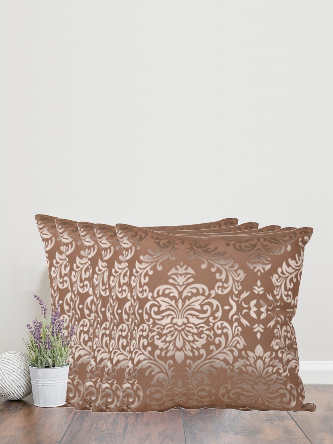 

Home Brown & Gold-Toned Set of 5 Self Design Square Cushion Covers