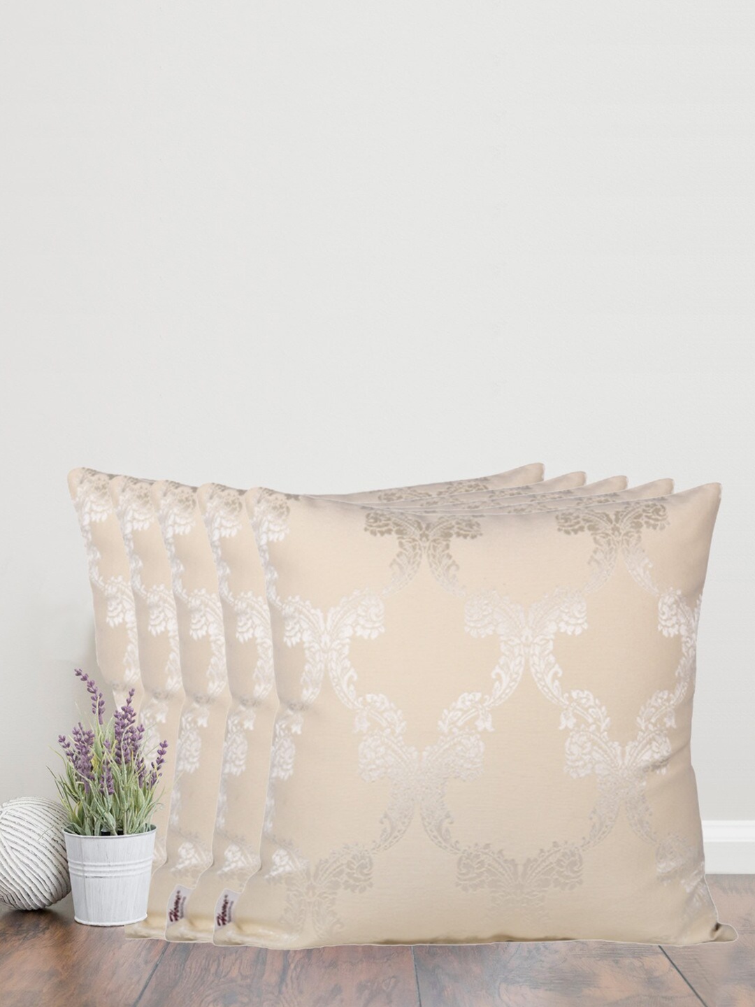 

Home Cream-Coloured & Silver-Toned Set of 5 Self Design Square Cushion Covers