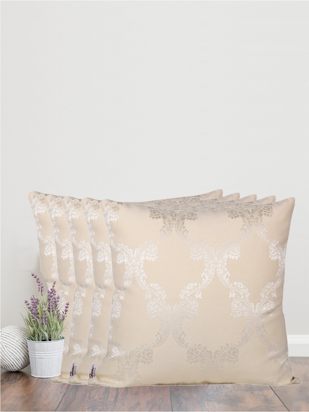 

Home Cream-Coloured & Silver-Toned Set of 5 Self Design Square Cushion Covers