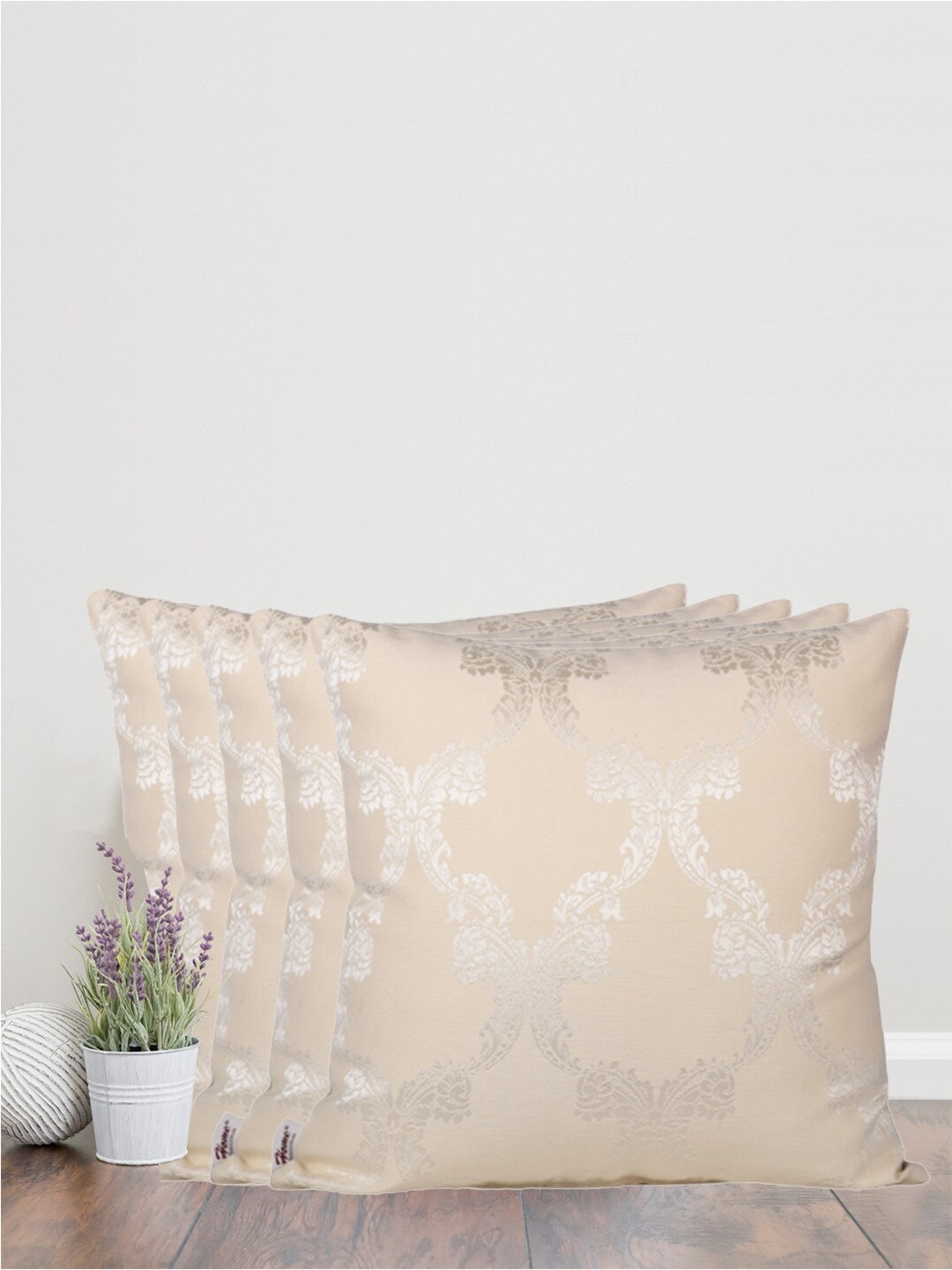 

Home Cream-Coloured & Gold-Toned Set of 5 Self Design Square Cushion Covers