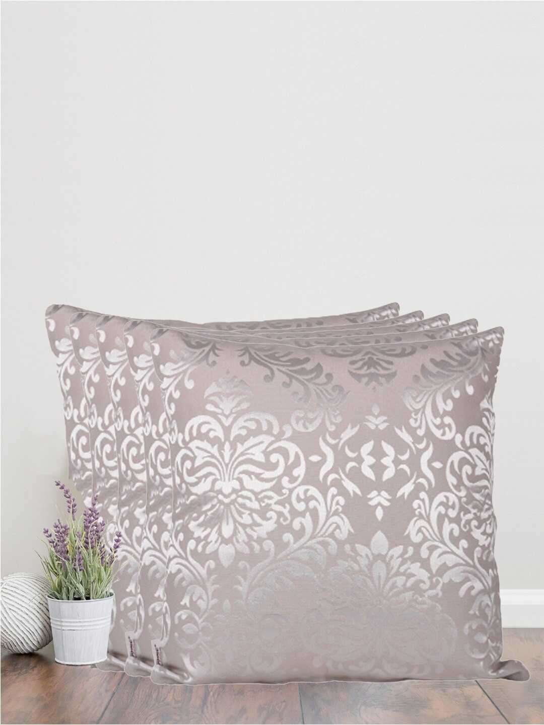 

Home Cream-Coloured & Silver-Toned Set of 5 Self Design Square Cushion Covers