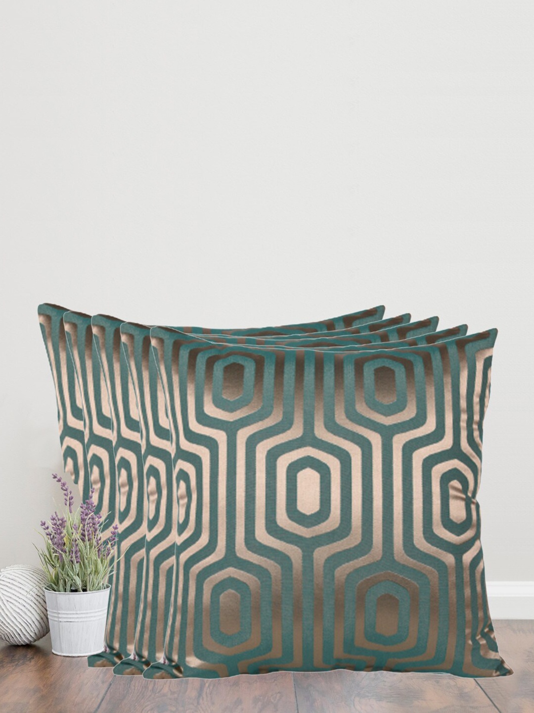 

Home Green & Gold-Toned Set of 5 Self Design Square Cushion Covers