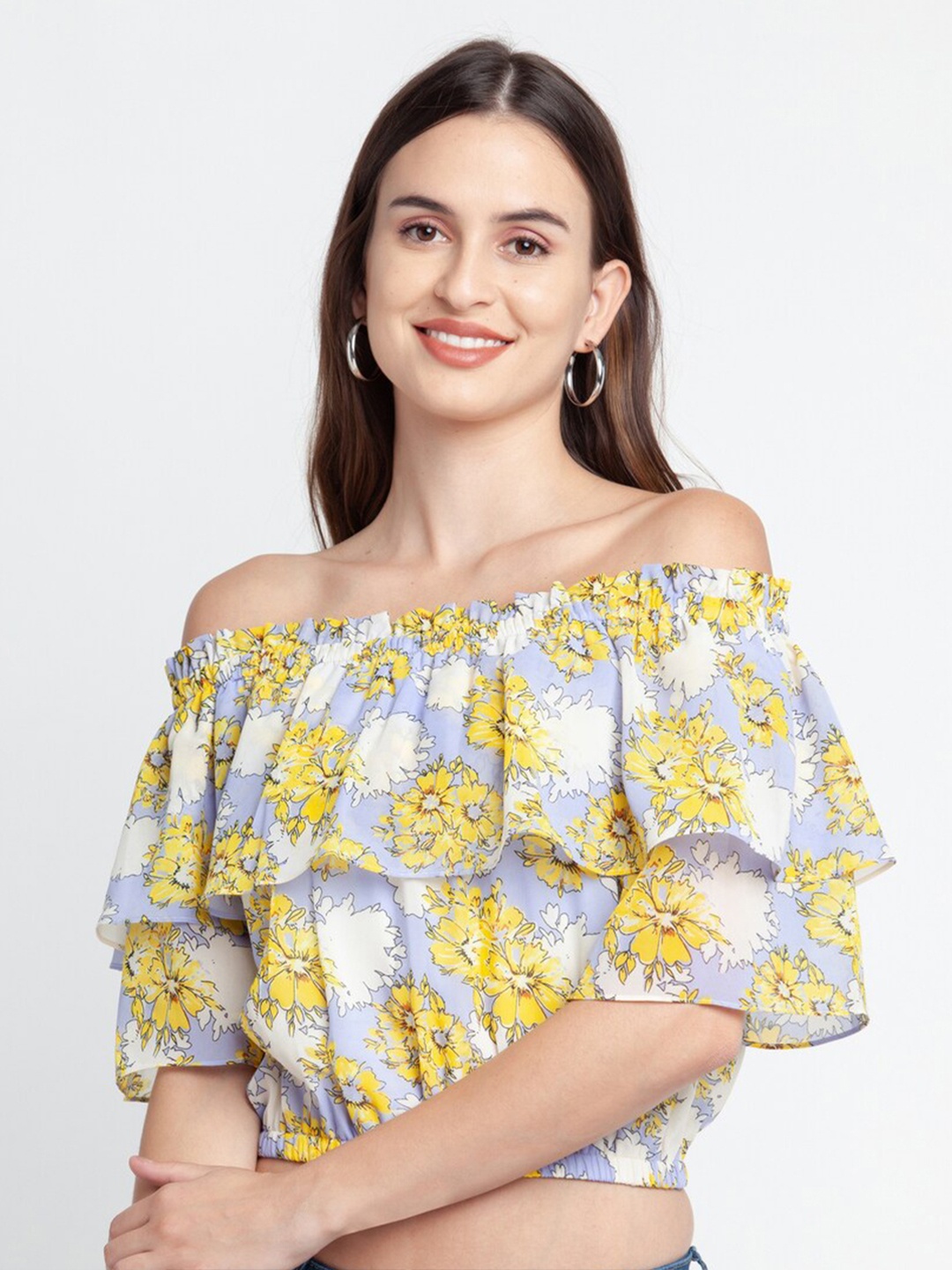 

Zink London Women Blue & Yellow Floral Print Off-Shoulder Bardot Crop Top