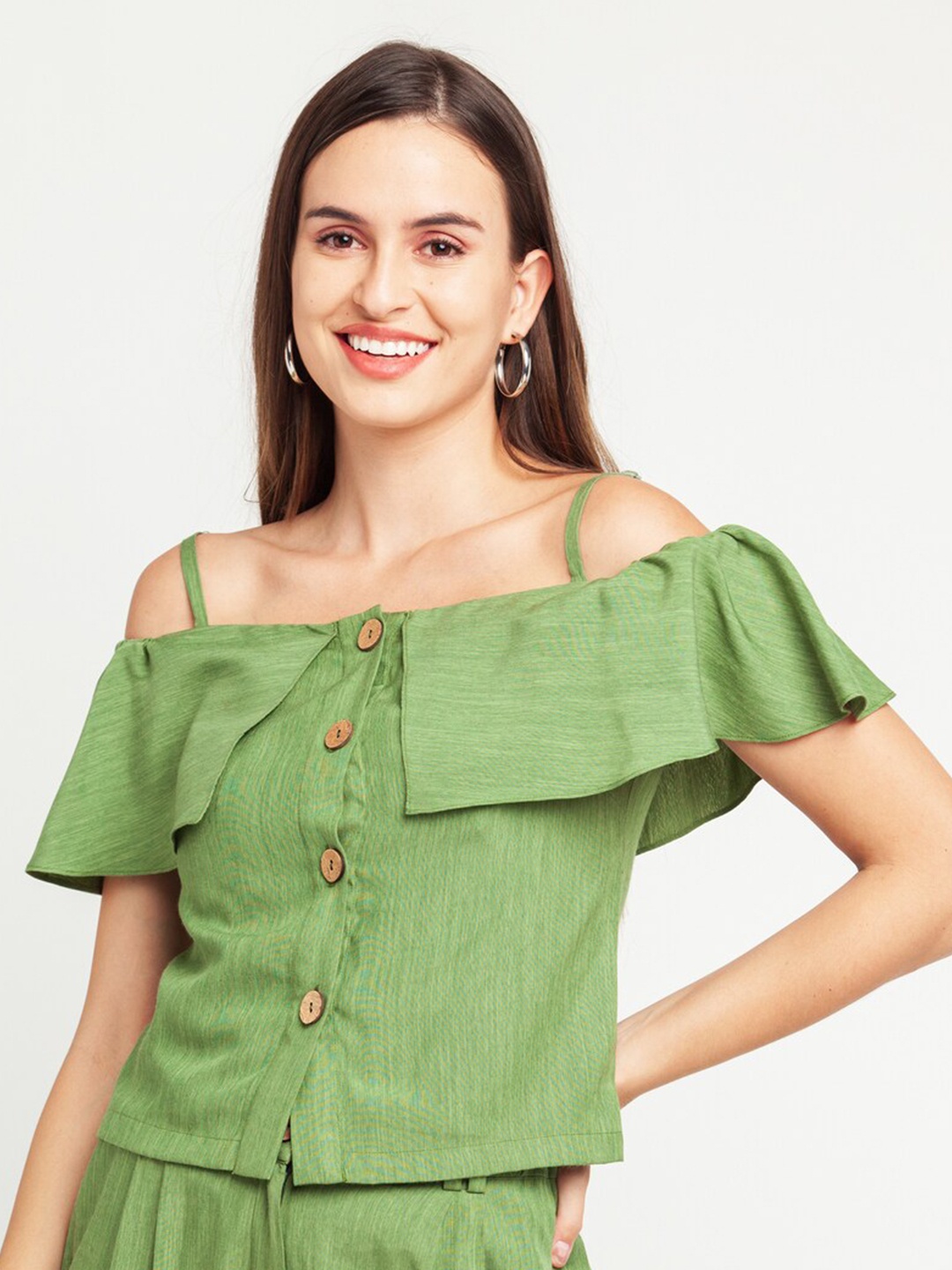 

Zink London Women Green Cold Shoulder Bardot Top