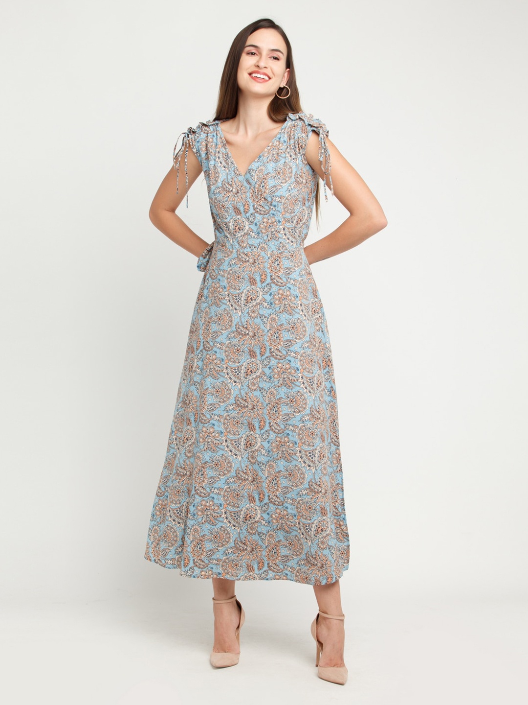

Zink London Women Blue & Beige Bohemian Tie-up Maxi Dress