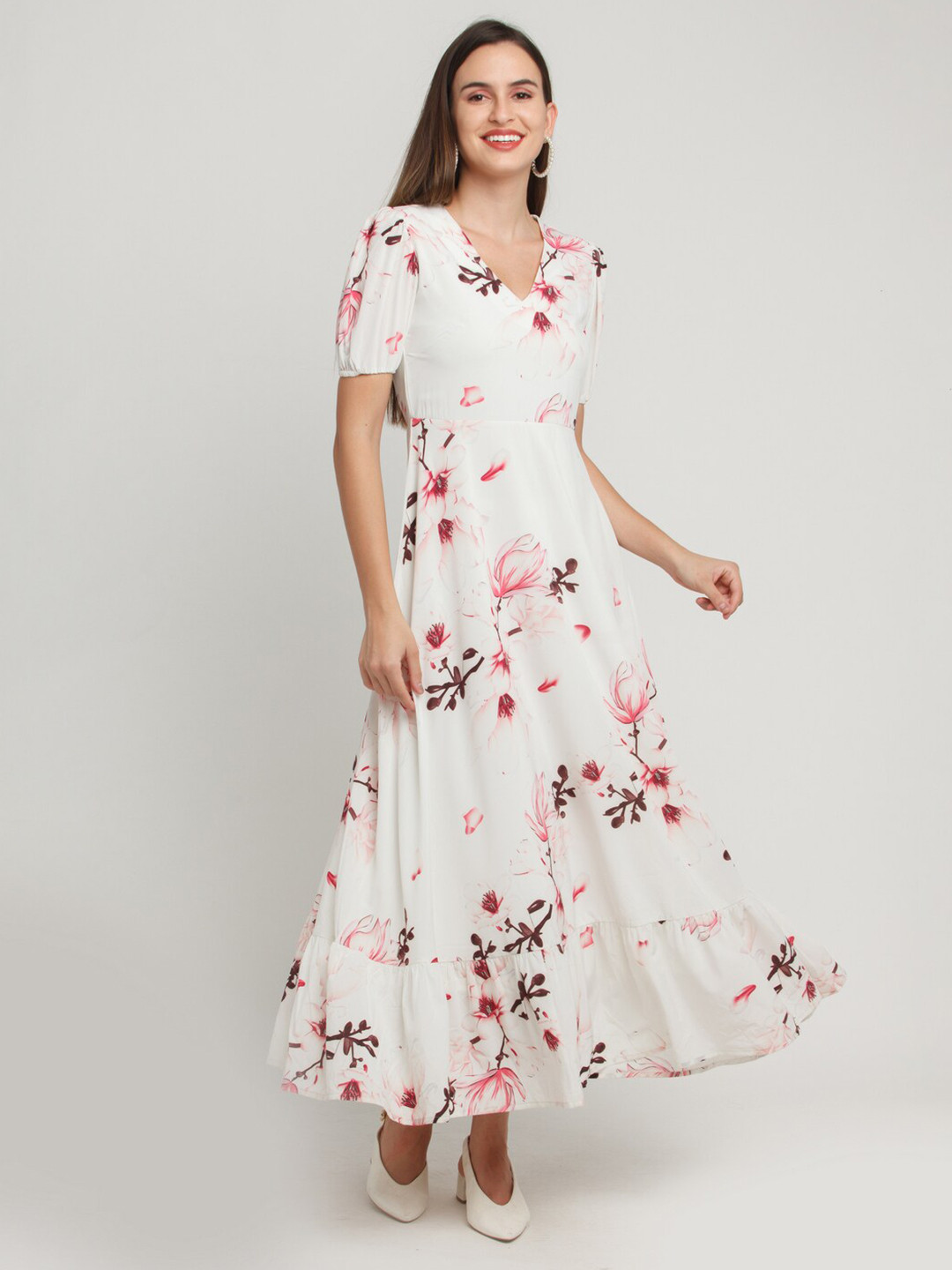 

Zink London Women White & Pink Floral Maxi Tiered Dress