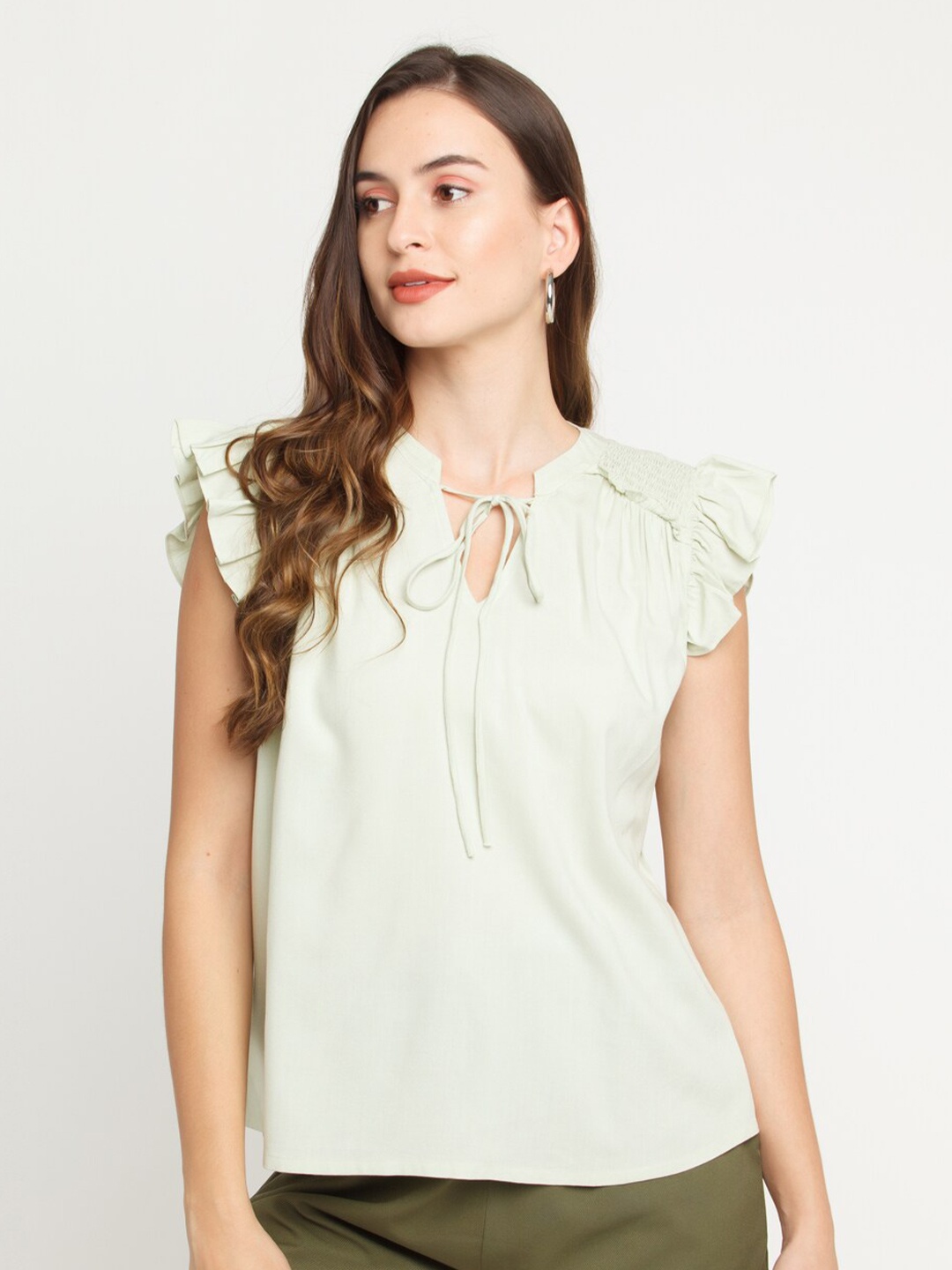 

Zink London Women Cotton Green Tie-Up Neck Ruffled Sleeve Top