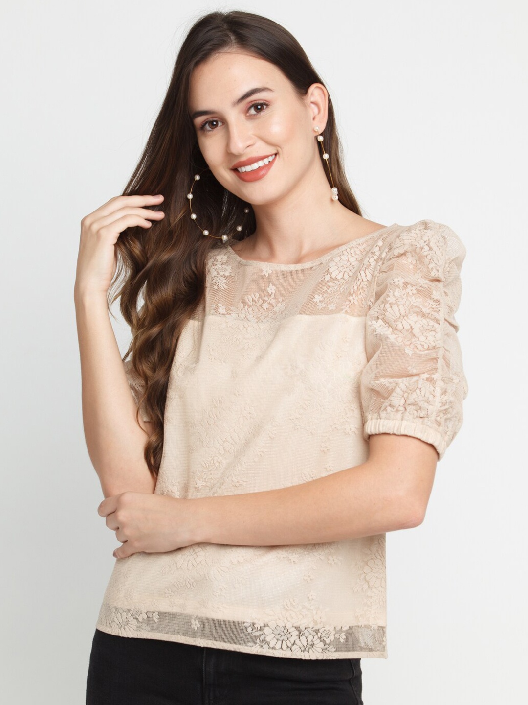 

Zink London Beige Lace Puff Sleeve Top