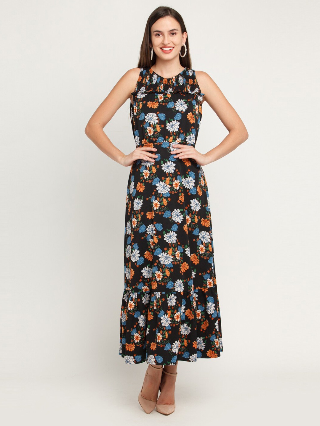 

Zink London Women Black & Blue Floral Maxi Dress