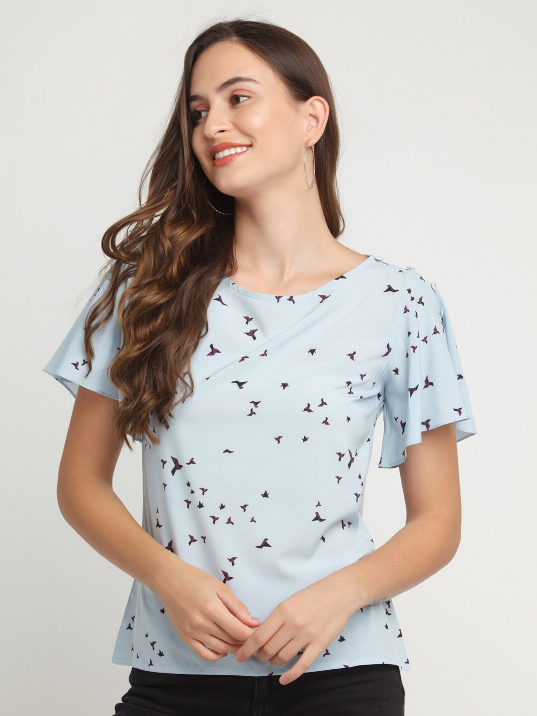 

Zink London Women Blue & Black Bird Print Top