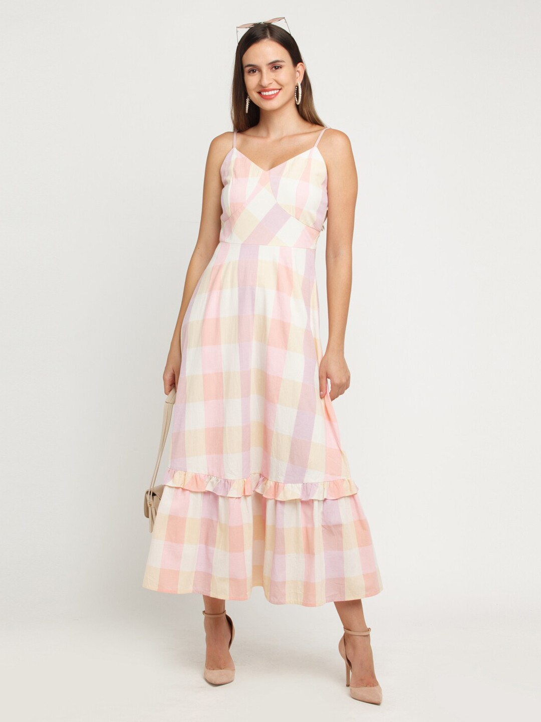 

Zink London Cotton Women Off White & Pink Checked Colour blocked Tiered Maxi Dress