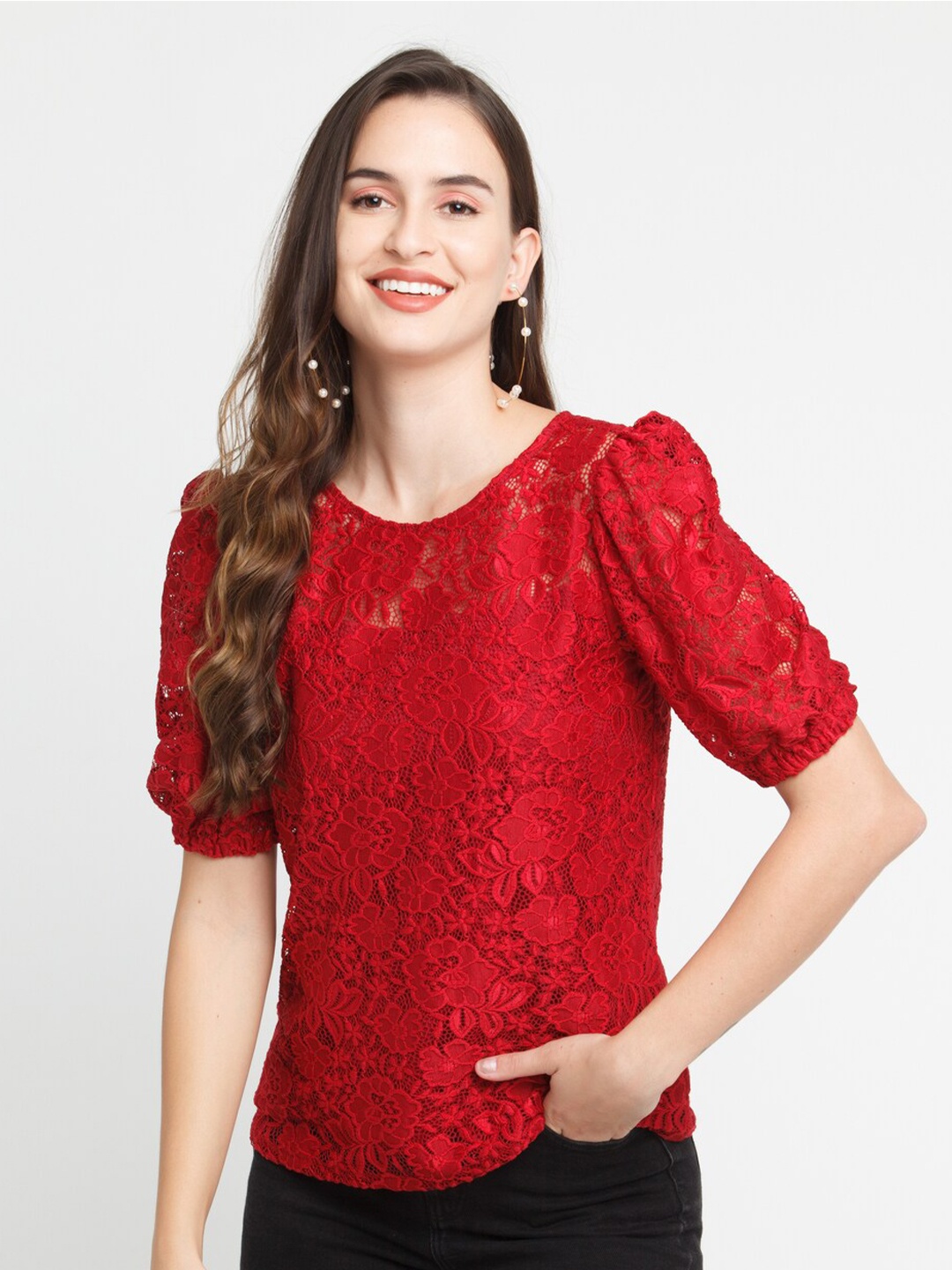 

Zink London Women Maroon Lace Floral Puff Sleeve Top