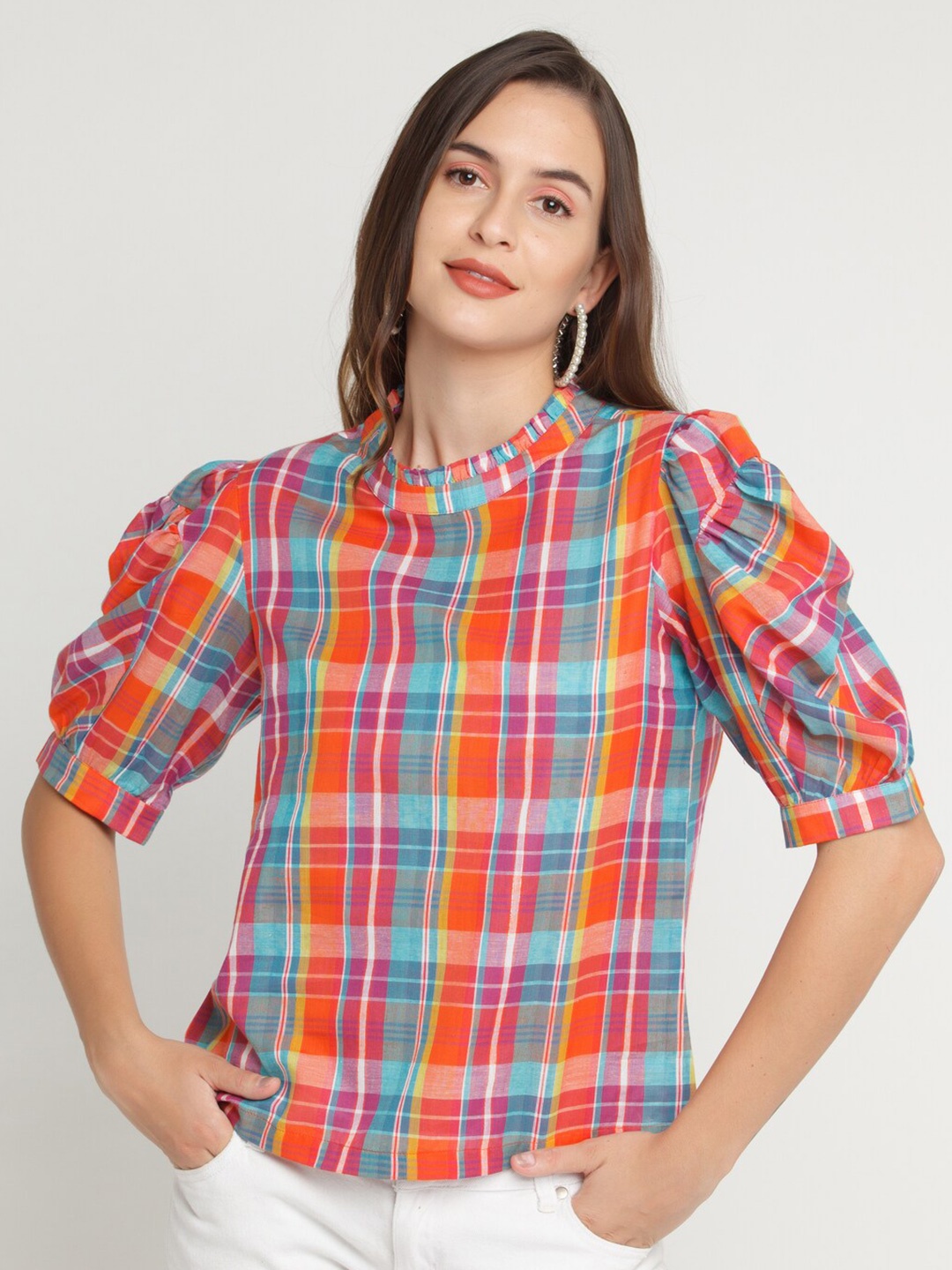 

Zink London Women Cotton Multicoloured Checked Puff Sleeve Top, Multi