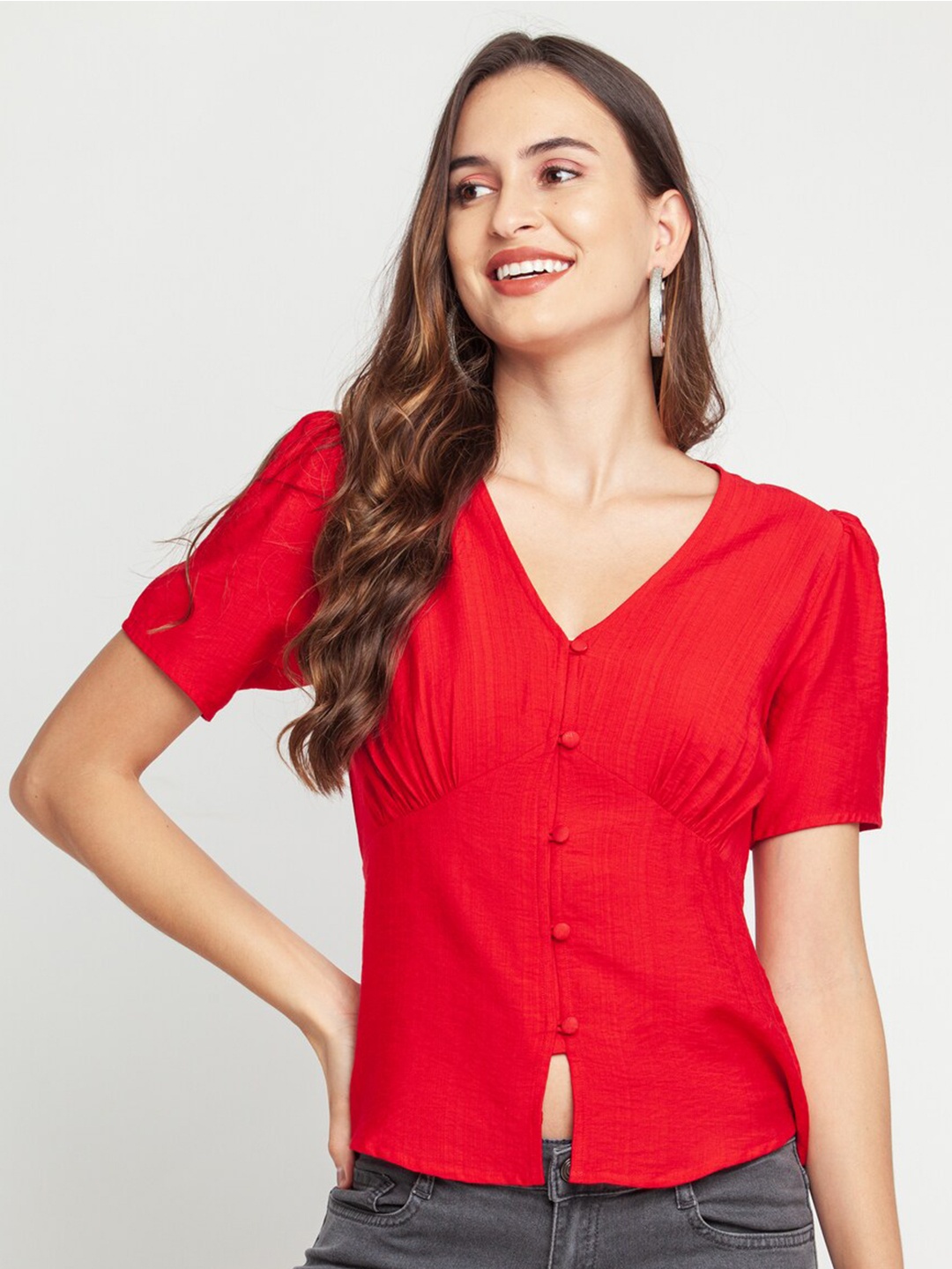 

Zink London Red Gathered Detail Top