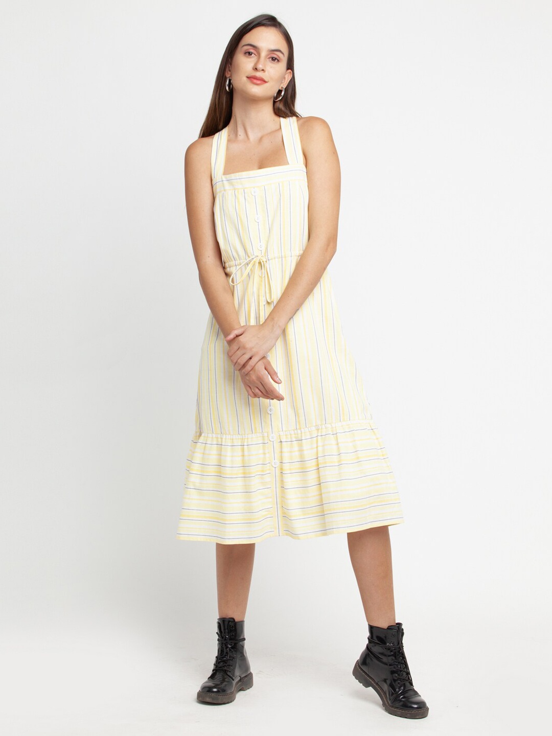 

Zink London Off White & Blue Striped A-Line Tiered Dress