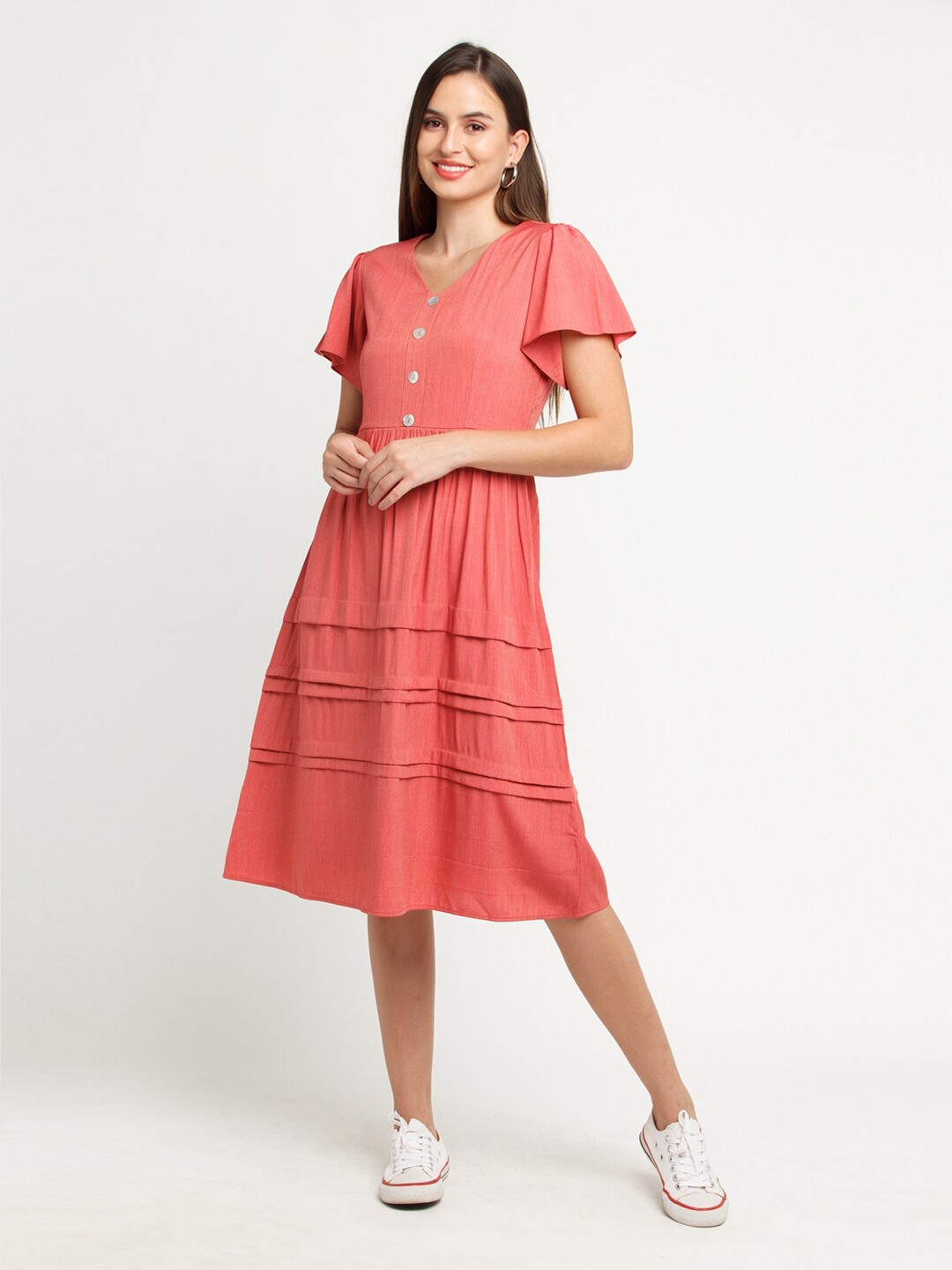 

Zink London Women Pink Flared Sleeve A-Line Midi Dress