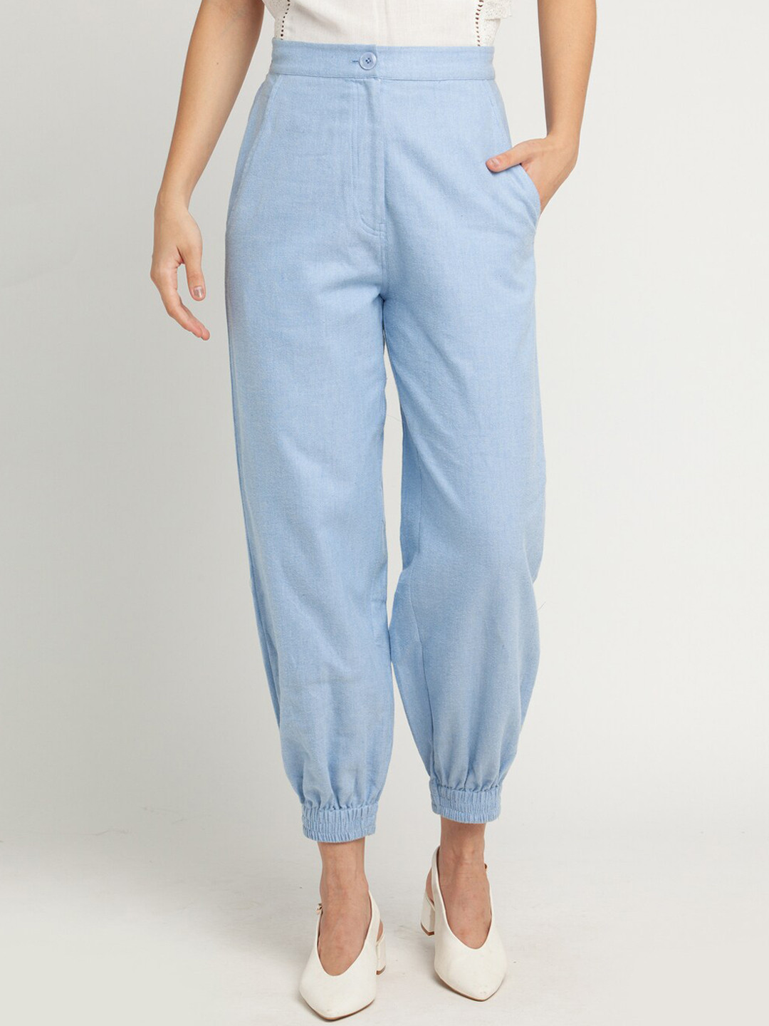 

Zink London Women Blue Pure Cotton Joggers Trousers