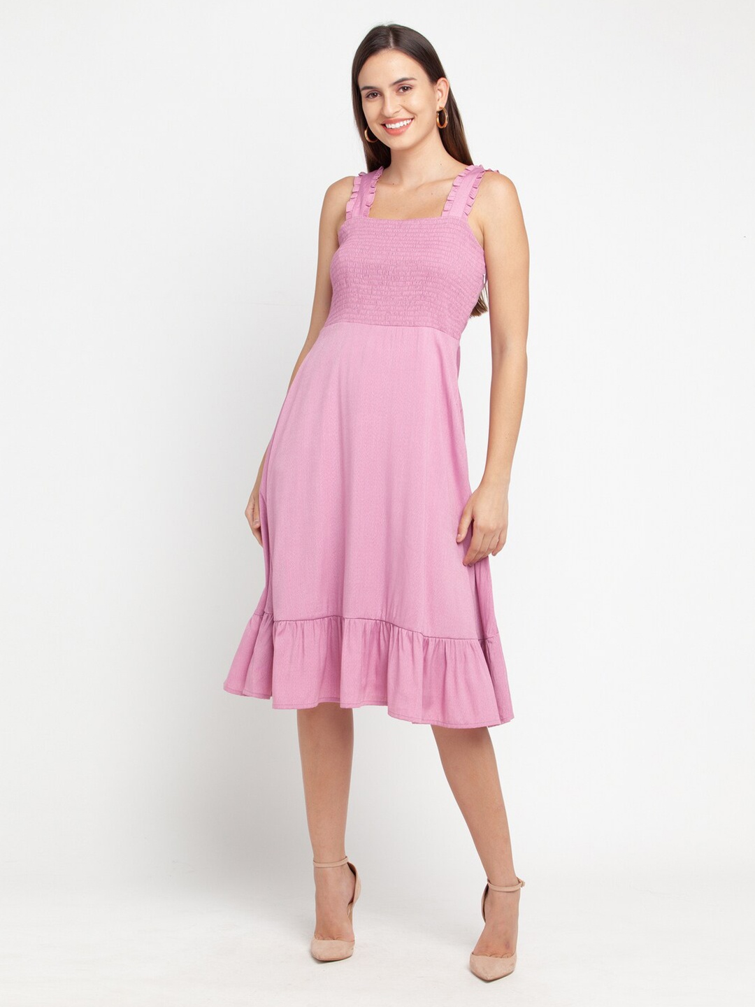 

Zink London Women Pink Smocked Midi Dress