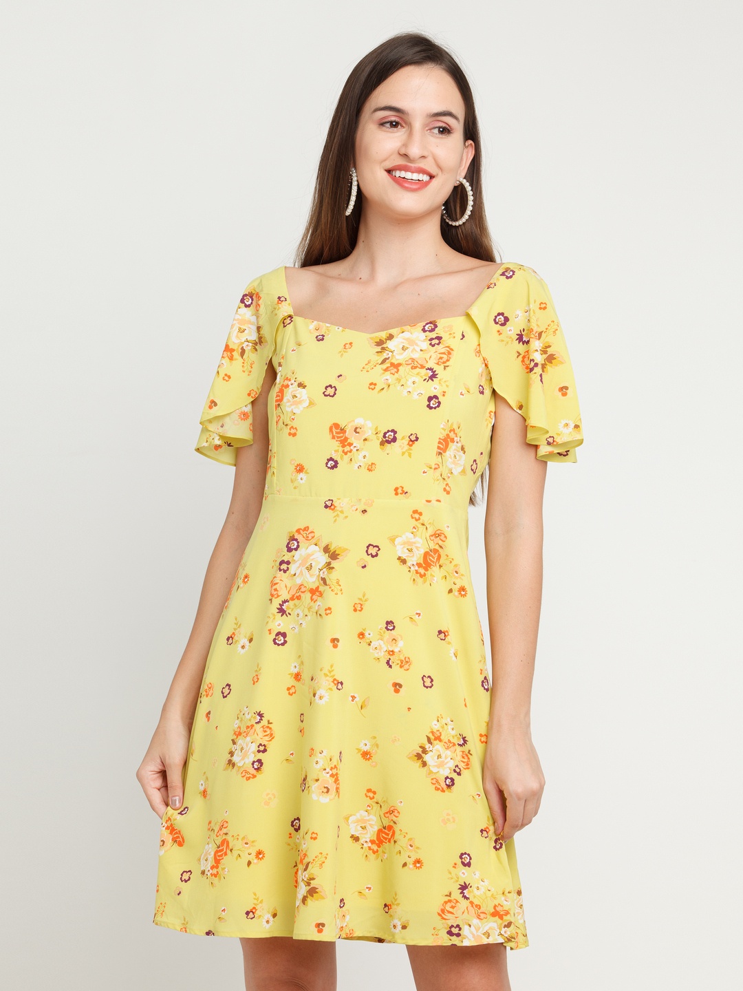 

Zink London Women Yellow & Red Flared Sleeve Floral Dress