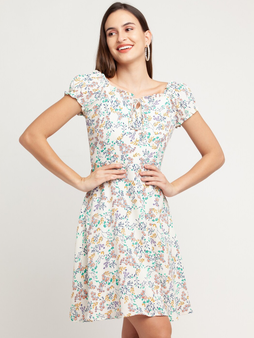 

Zink London Women White & Blue Floral A-Line Tie-Up Dress