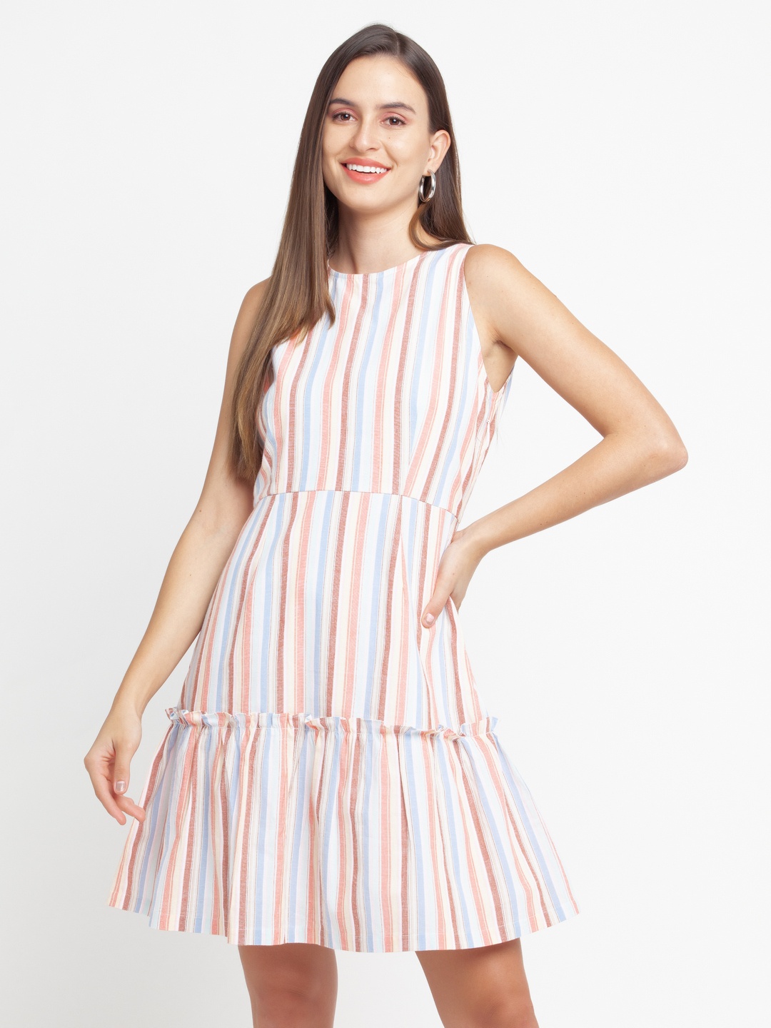 

Zink London Cotton White & Multicoloured Striped A-Line Dress