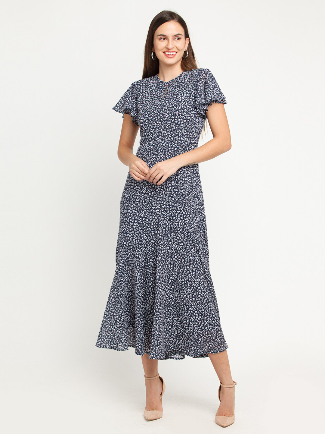 

Zink London Women Blue & White Floral Midi Dress