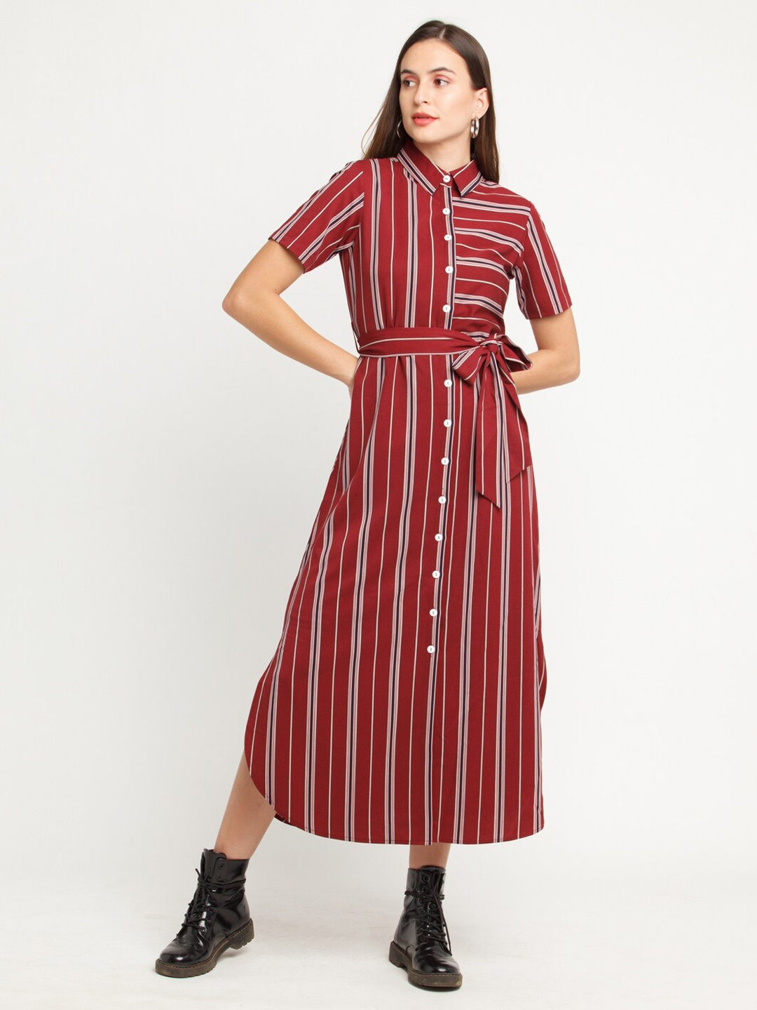 

Zink London Maroon & White Striped Shirt Maxi Dress