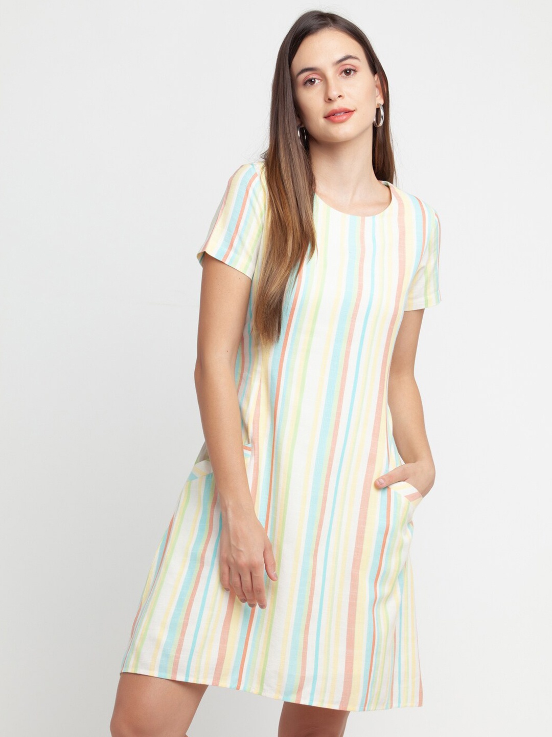 

Zink London Women Cotton White & Multicoloured Striped A-Line Dress