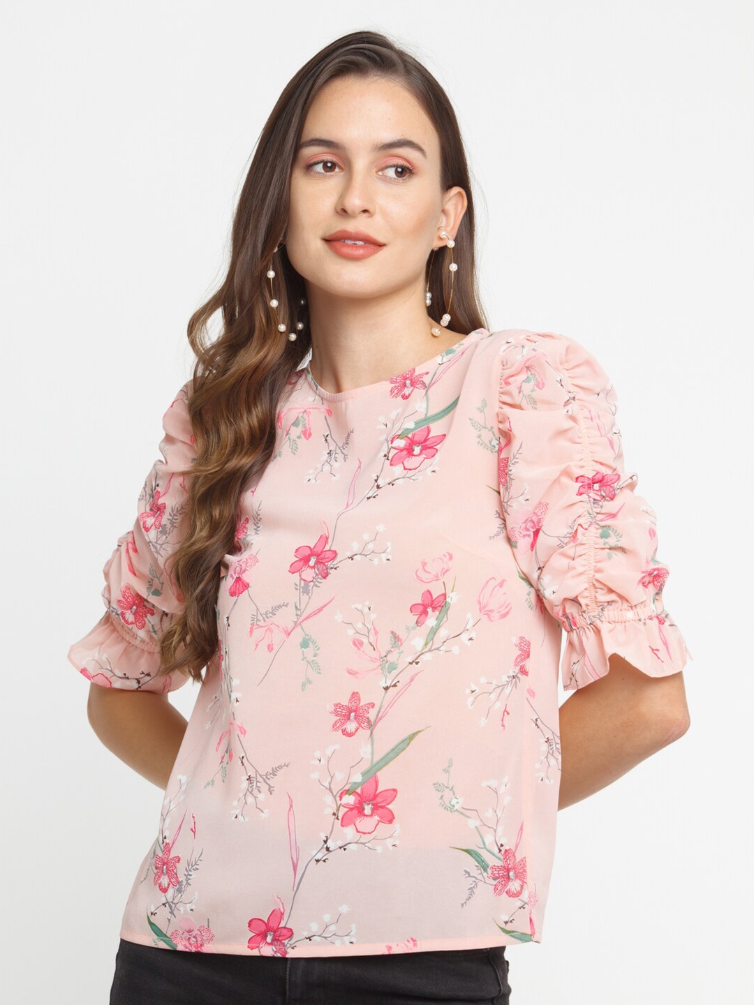 

Zink London Pink & Green Floral Print Top