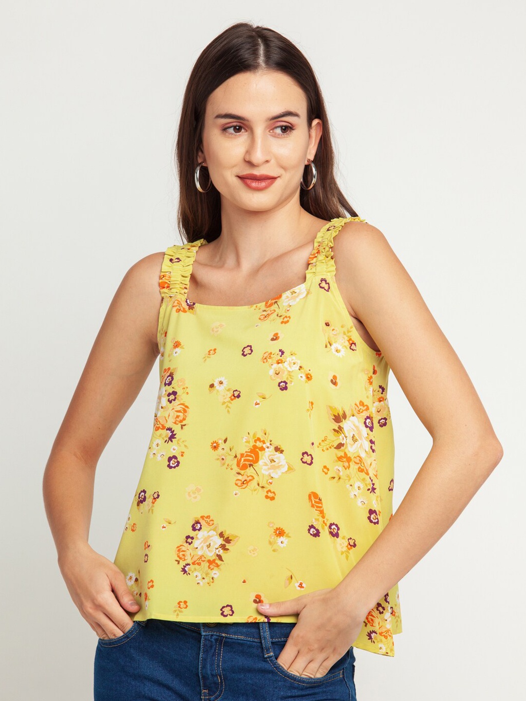 

Zink London Women Yellow & Orange Floral Print Top