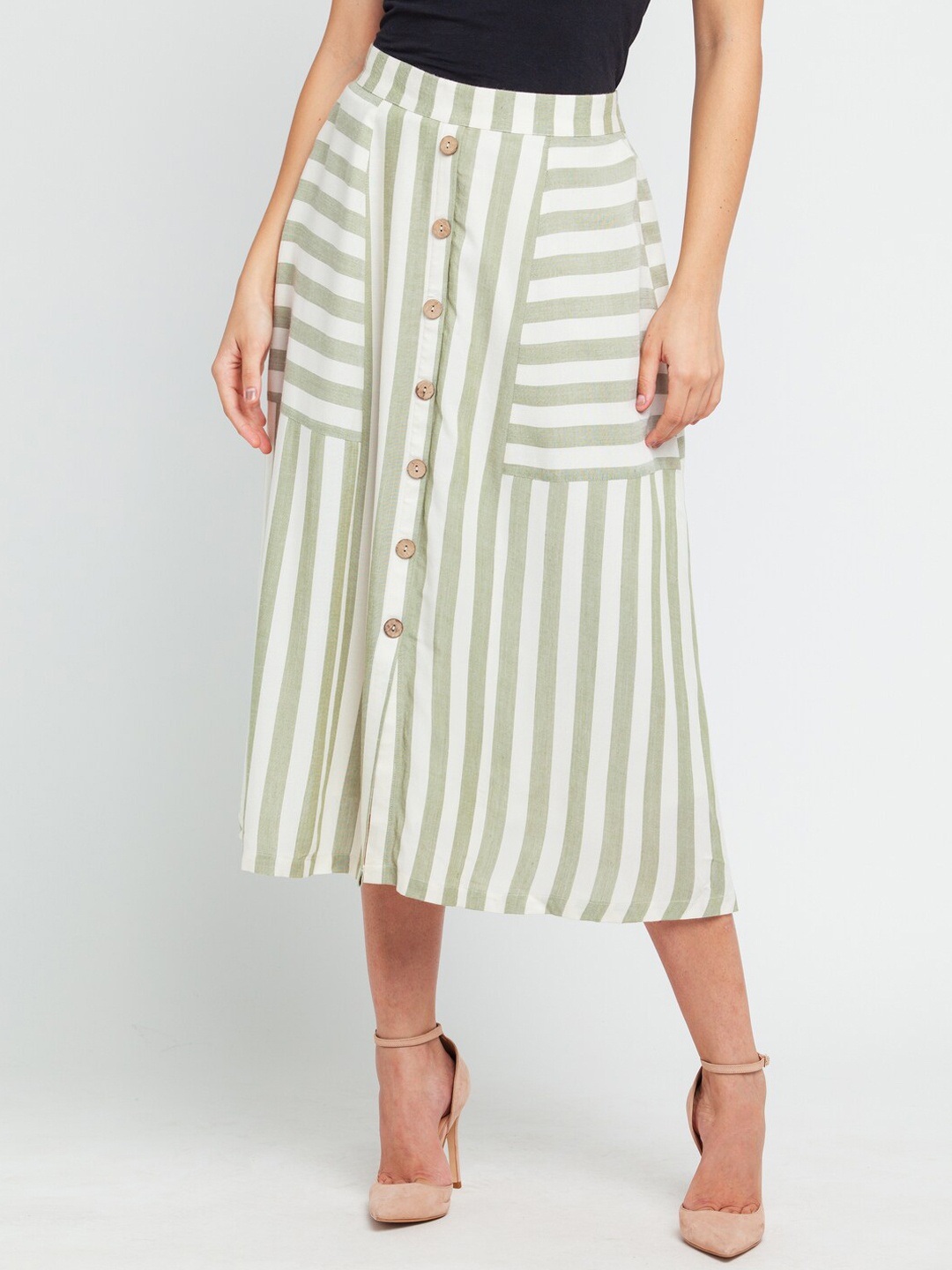 

Zink London Women Off White Striped A-Line Midi Skirt