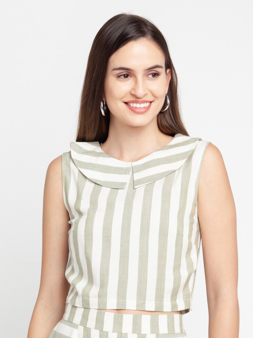 

Zink London Off Cotton White & Beige Striped Crop Top, Off white