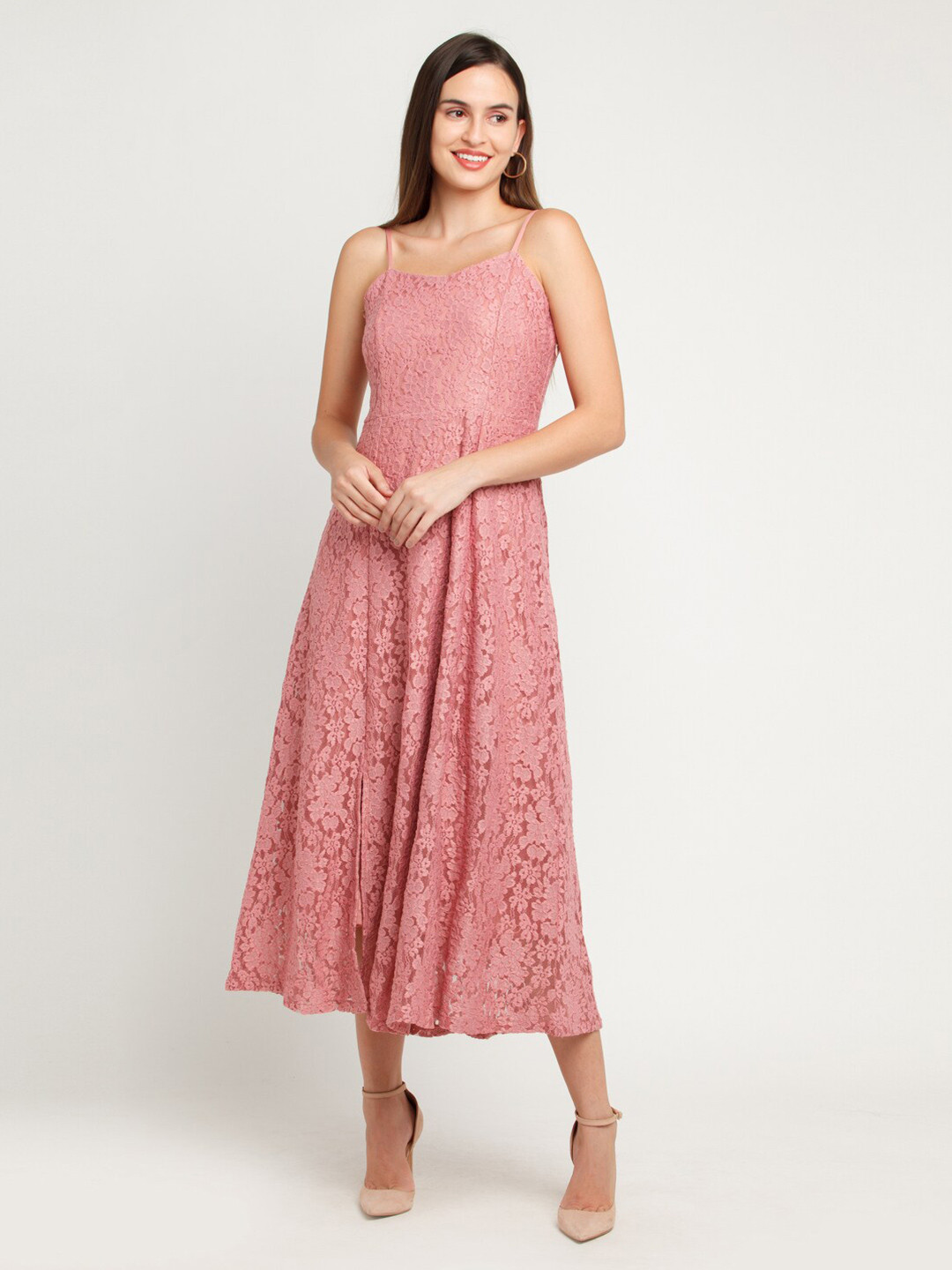 

Zink London Women Pink Lace Floral Midi Dress