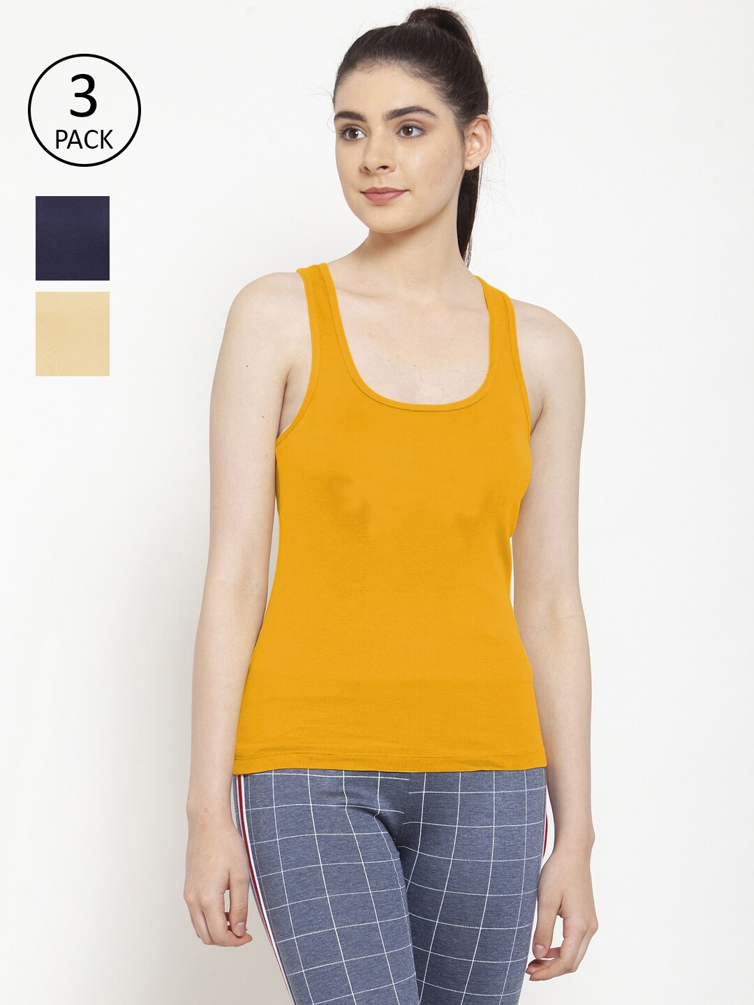 

Friskers Women Pack of 3 Beige & Mustard Yellow Solid Warm Tank Tops