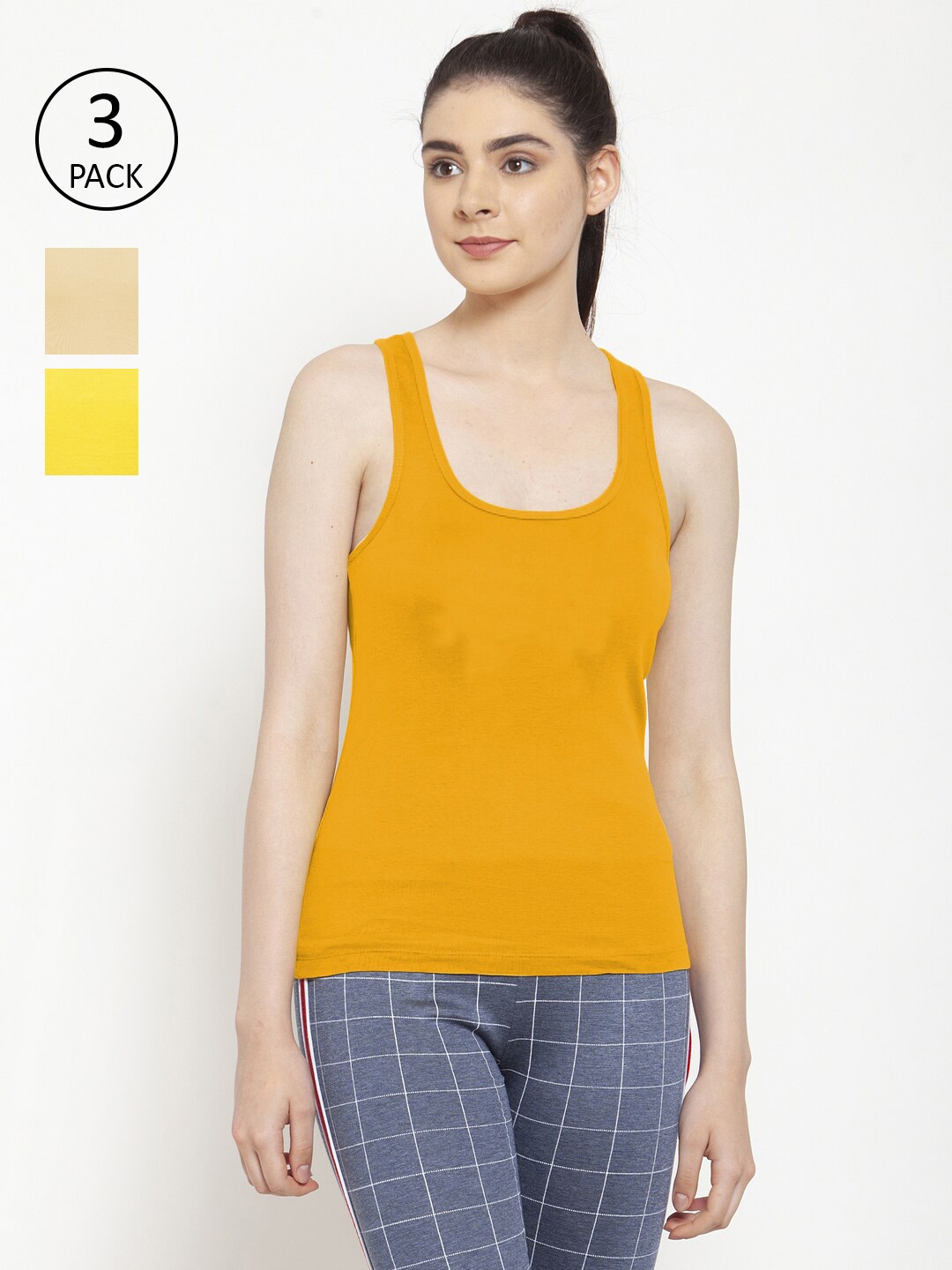 

Friskers Women Pack Of 3 Solid Tank Top, Yellow