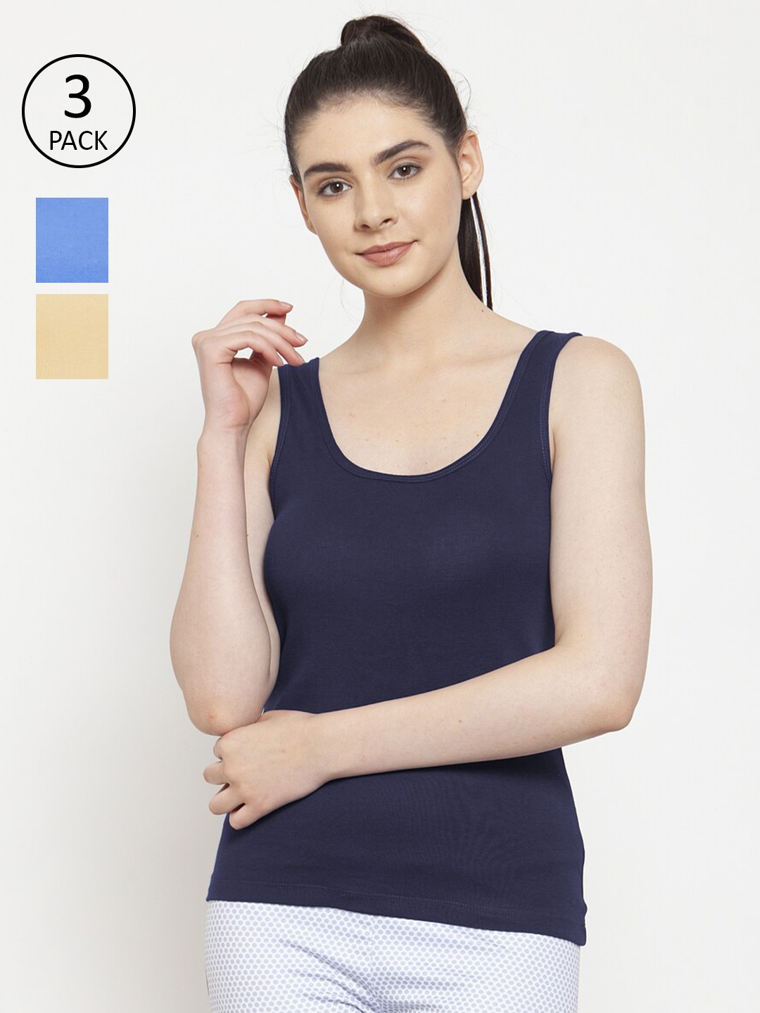 

Friskers Women Pack of 3 Beige & Navy Blue Tank Tops