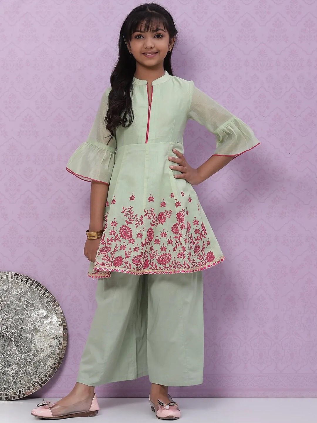 

Biba Girls Green Ethnic Motifs Printed Kurti with Palazzos