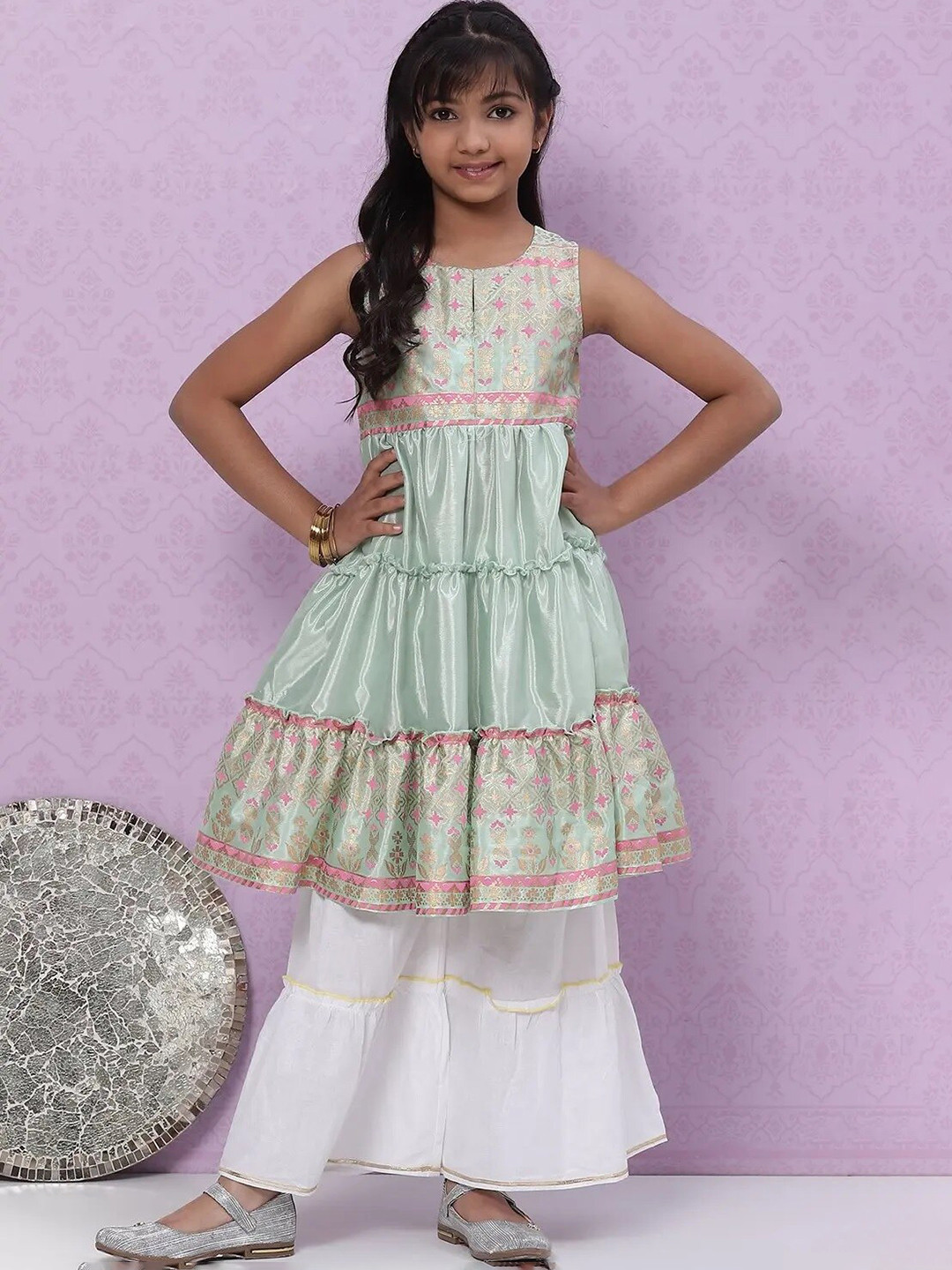 

Biba Girls Turquoise Blue & Pink Ethnic Motifs Printed Tiered Anarkali Kurta
