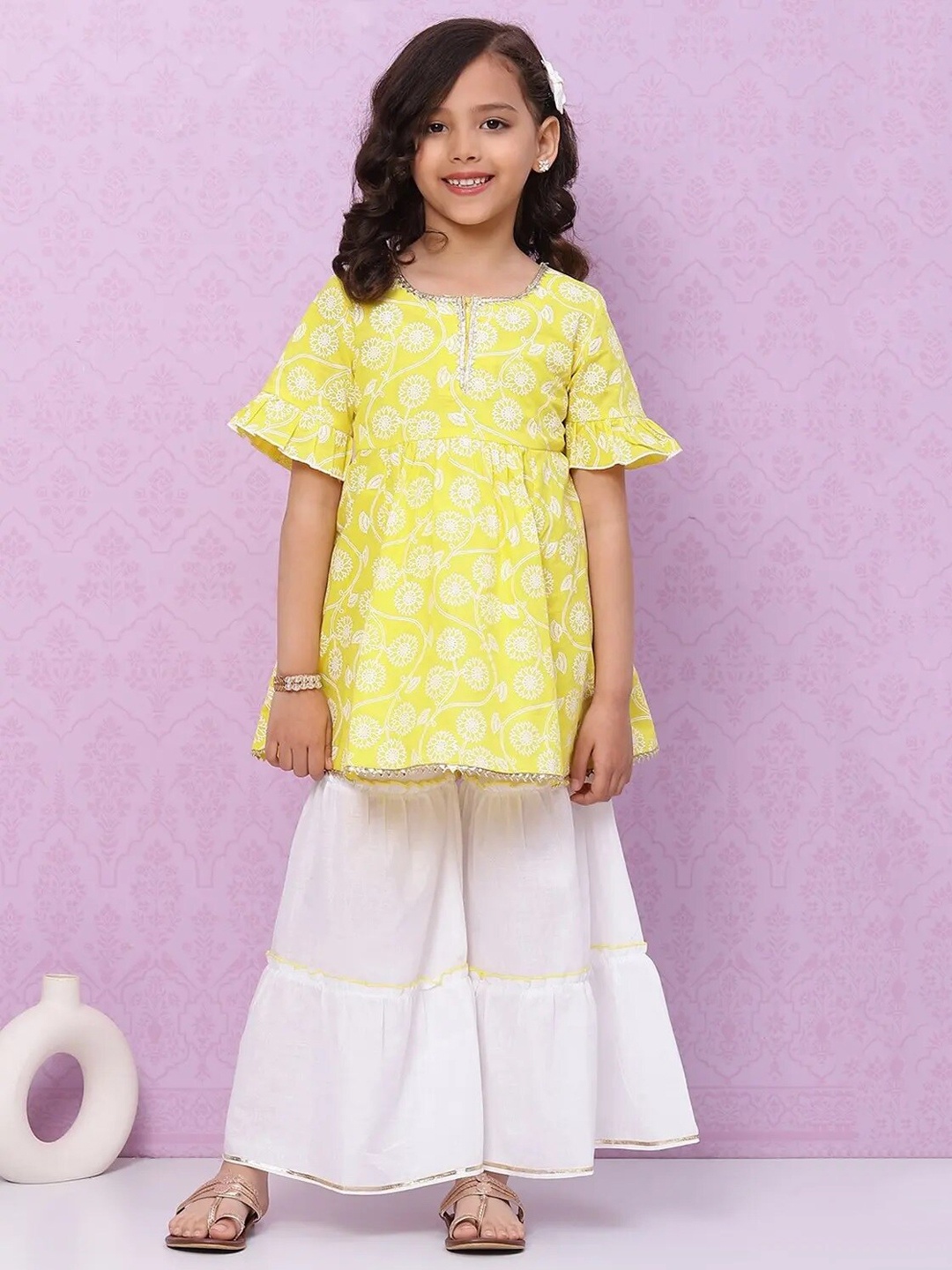

Biba Girls Yellow & White Floral Printed Pure Cotton Kurta with Sharara